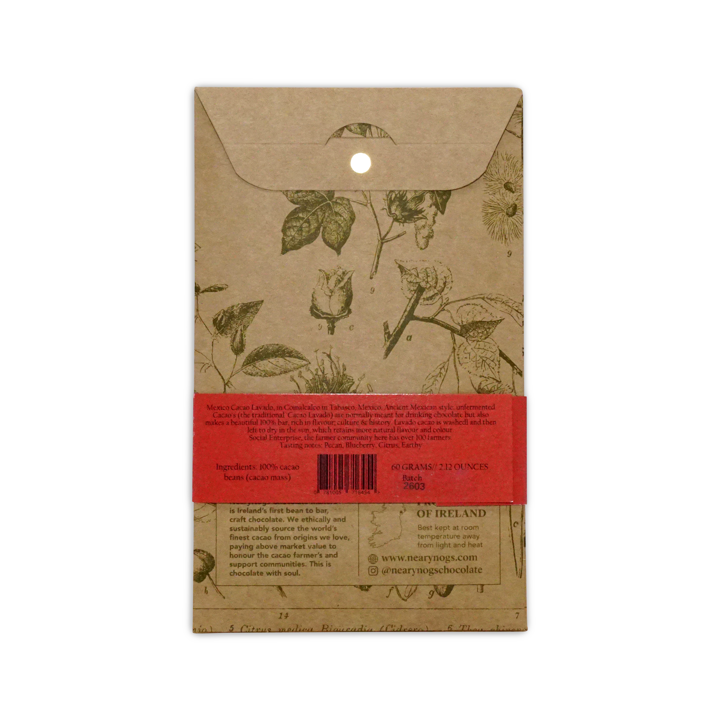 A beige illustrated wrapper with a red label and botanical drawings for nearynogs dark mexico 100 percent chocolate bar