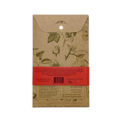 A beige illustrated wrapper with a red label and botanical drawings for nearynogs dark mexico 100 percent chocolate bar