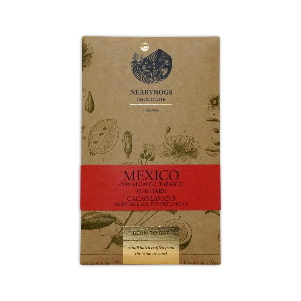 A rectangular brown wrapper with botanical illustrations for nearynogs dark mexico 100 percent dark chocolate bar