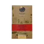 A rectangular brown wrapper with botanical illustrations for nearynogs dark mexico 100 percent dark chocolate bar
