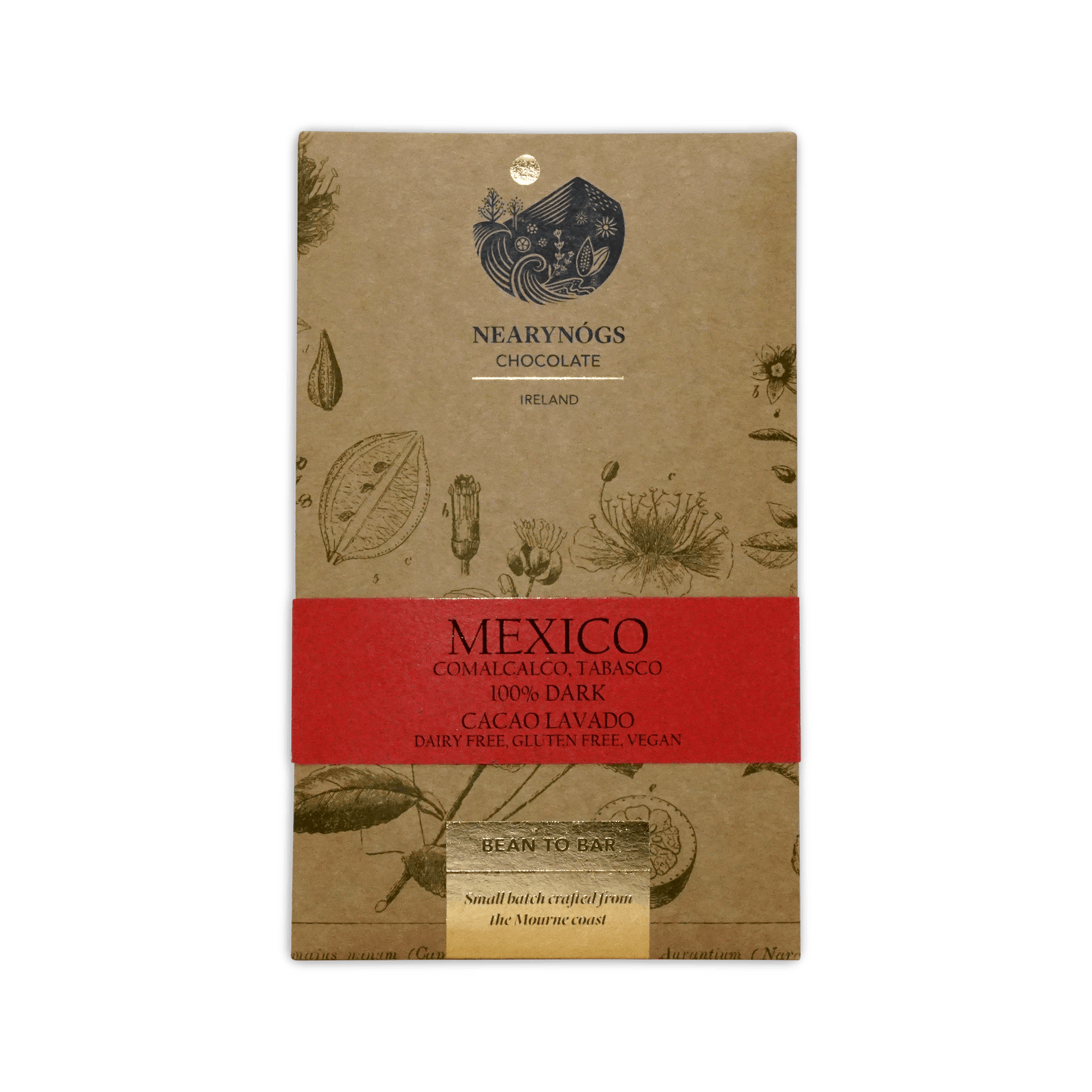 A rectangular brown wrapper with botanical illustrations for nearynogs dark mexico 100 percent dark chocolate bar