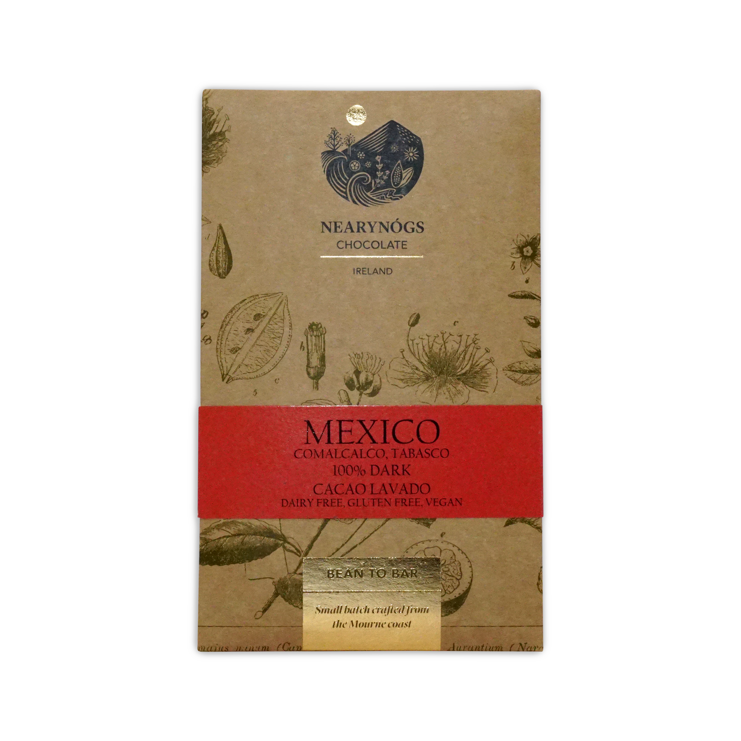 A rectangular brown wrapper with botanical illustrations for nearynogs dark mexico 100 percent dark chocolate bar