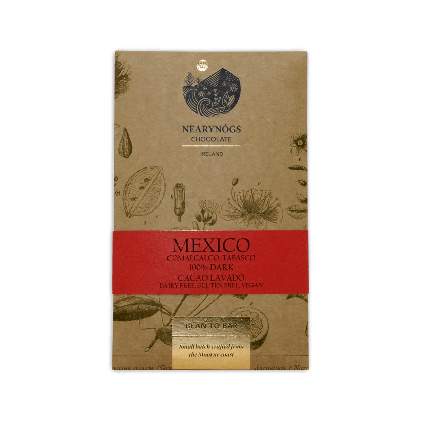 A rectangular brown wrapper with botanical illustrations for nearynogs dark mexico 100 percent dark chocolate bar