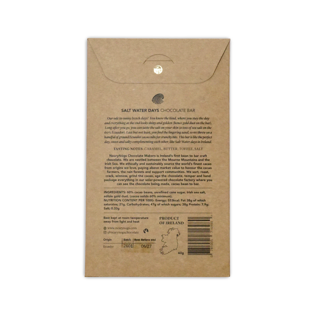A brown kraft paper wrapper with gold foil for nearynogs dark salt water days 65 percent chocolate bar with caramel butter toffee salt flavor