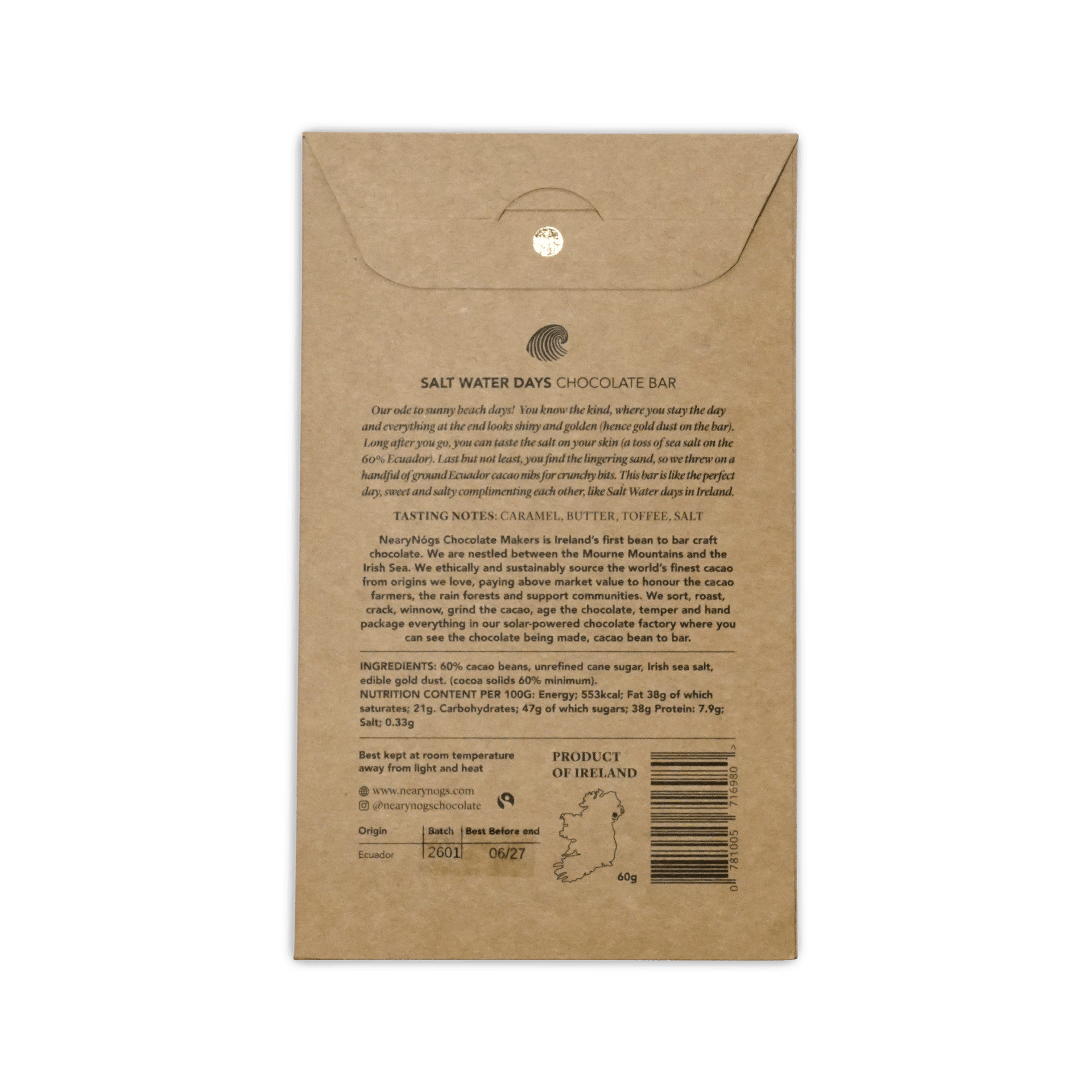A brown kraft paper wrapper with gold foil for nearynogs dark salt water days 65 percent chocolate bar with caramel butter toffee salt flavor