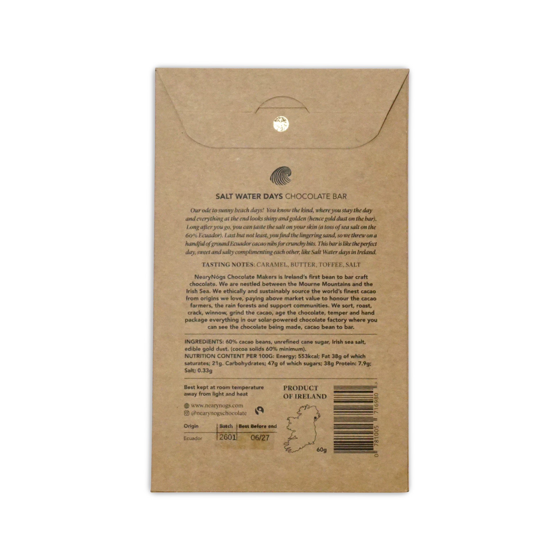A brown kraft paper wrapper with gold foil for nearynogs dark salt water days 65 percent chocolate bar with caramel butter toffee salt flavor