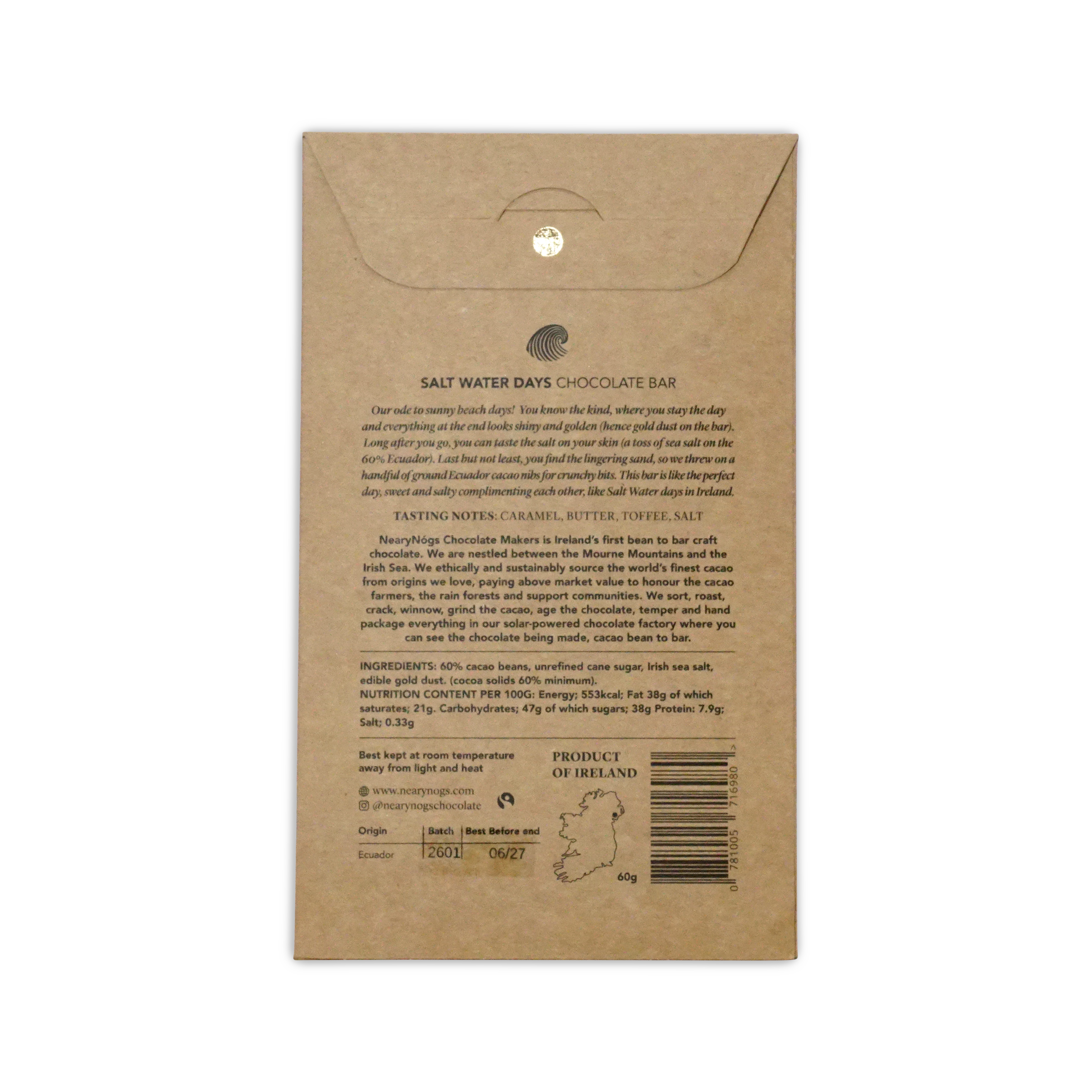 A brown kraft paper wrapper with gold foil for nearynogs dark salt water days 65 percent chocolate bar with caramel butter toffee salt flavor