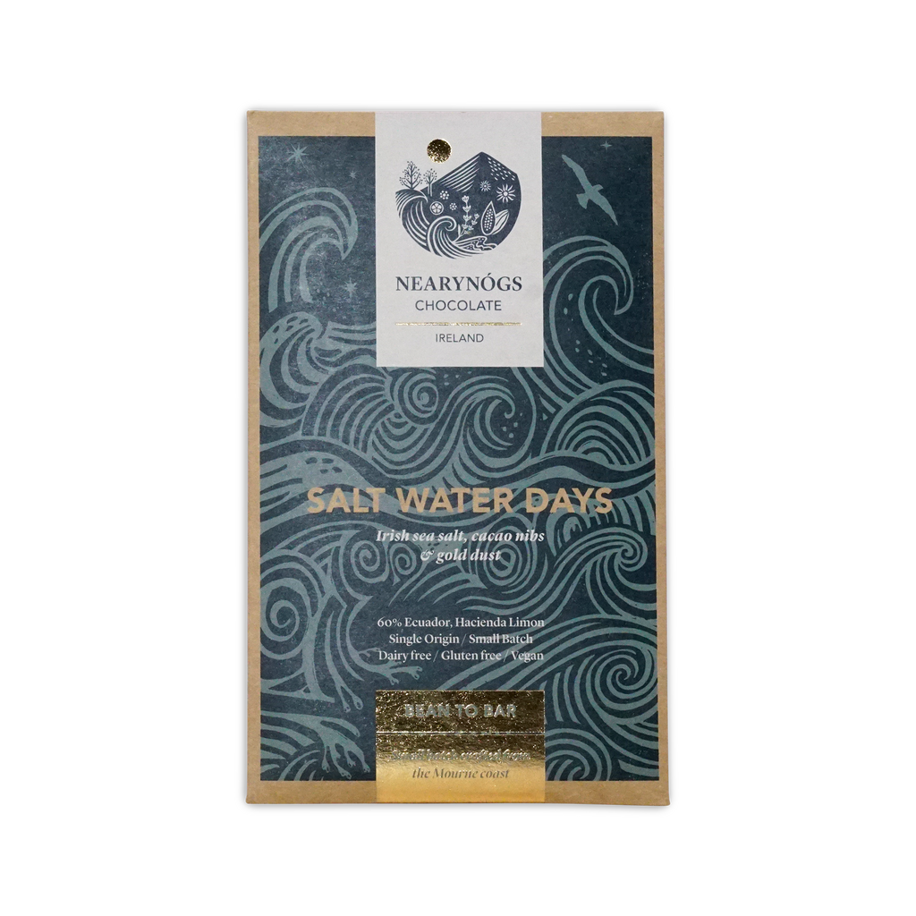 A rectangular dark blue wrapper with wave patterns for nearynogs chocolate dark salt water days 65% bar with gold seal