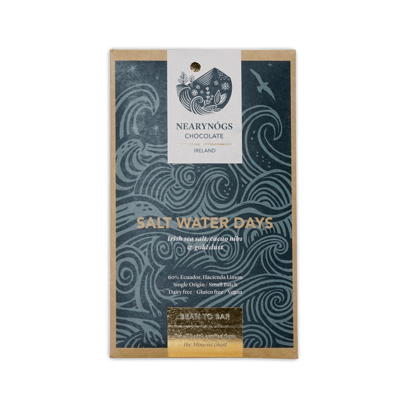 A rectangular dark blue wrapper with wave patterns for nearynogs chocolate dark salt water days 65% bar with gold seal