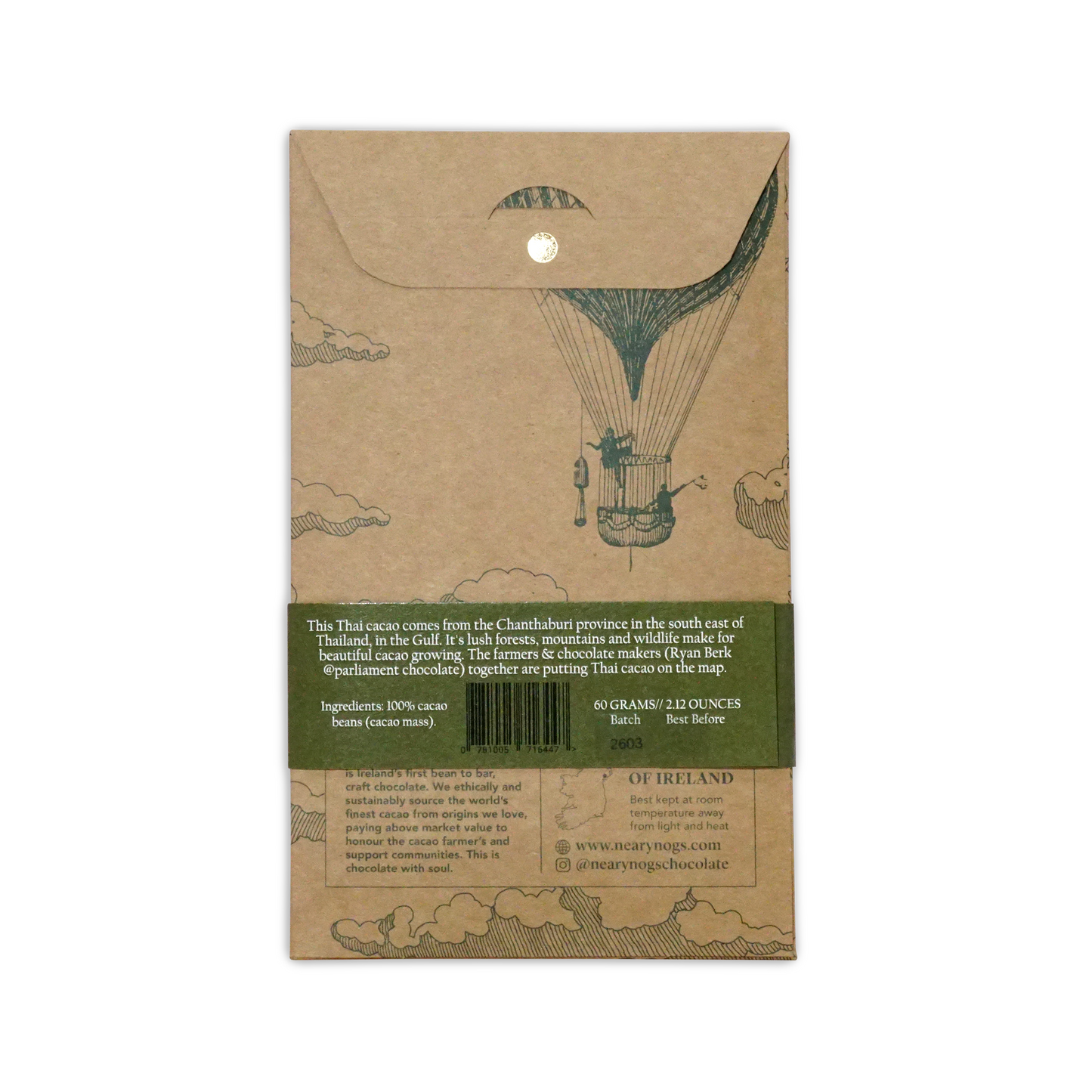 Kraft paper-wrapped nearynogs dark thailand 100% thai cacao bar with green label and hot air balloon illustration