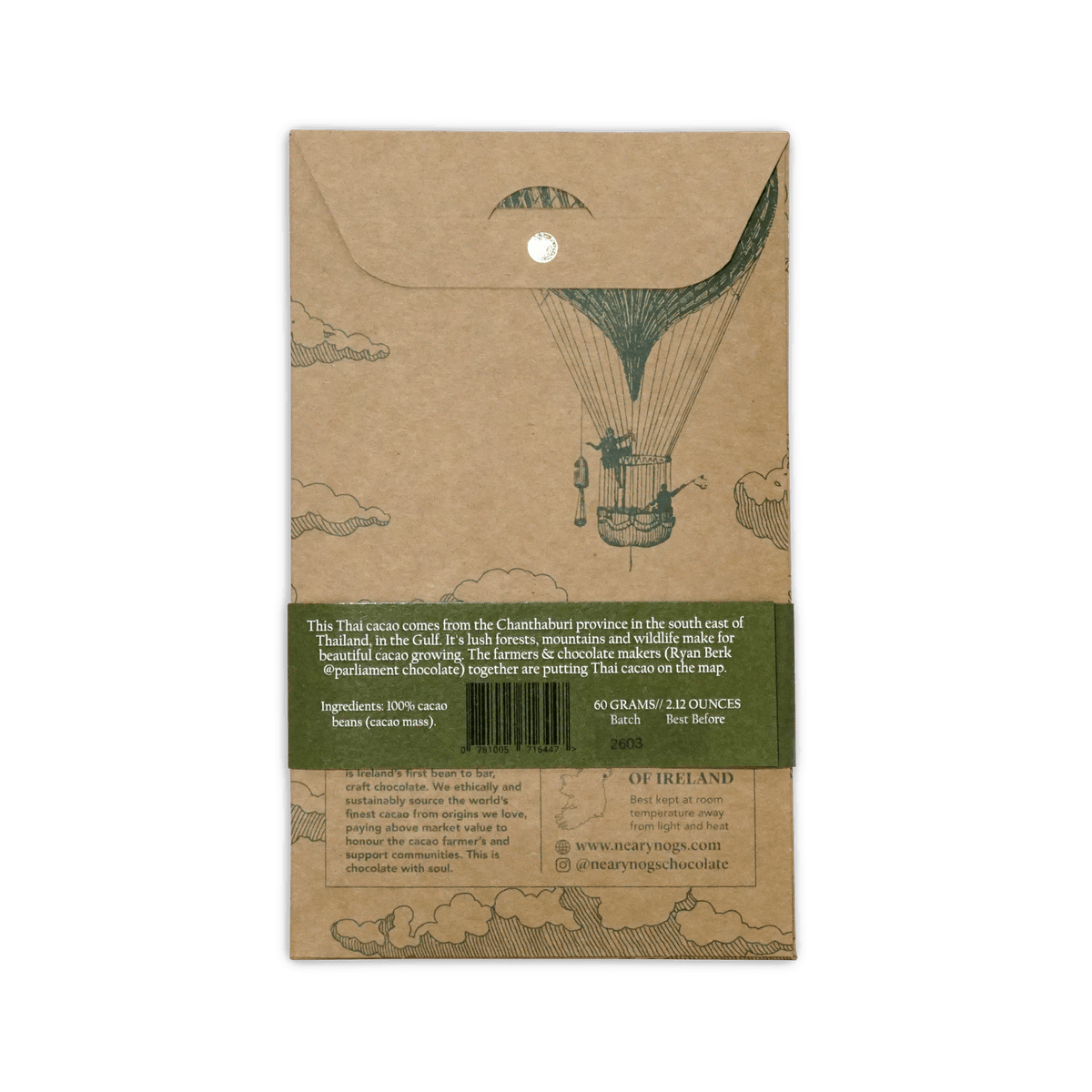 Kraft paper-wrapped nearynogs dark thailand 100% thai cacao bar with green label and hot air balloon illustration