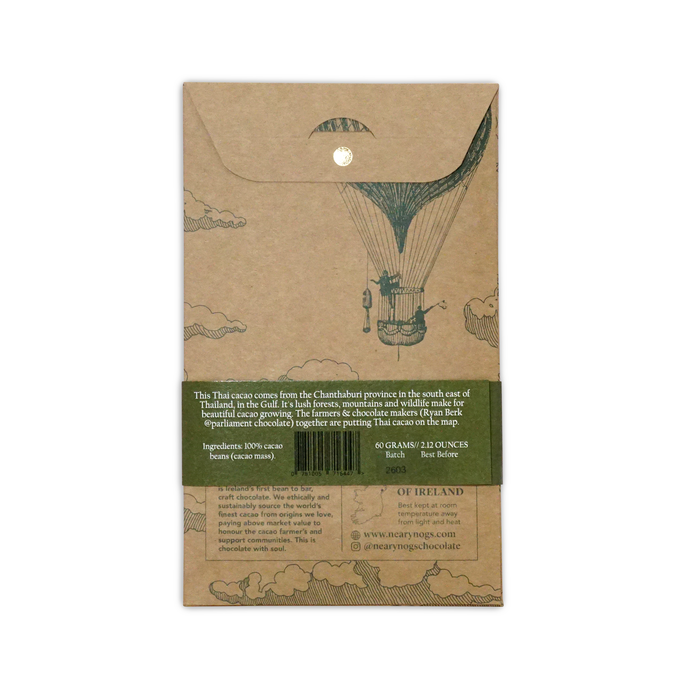 Kraft paper-wrapped nearynogs dark thailand 100% thai cacao bar with green label and hot air balloon illustration
