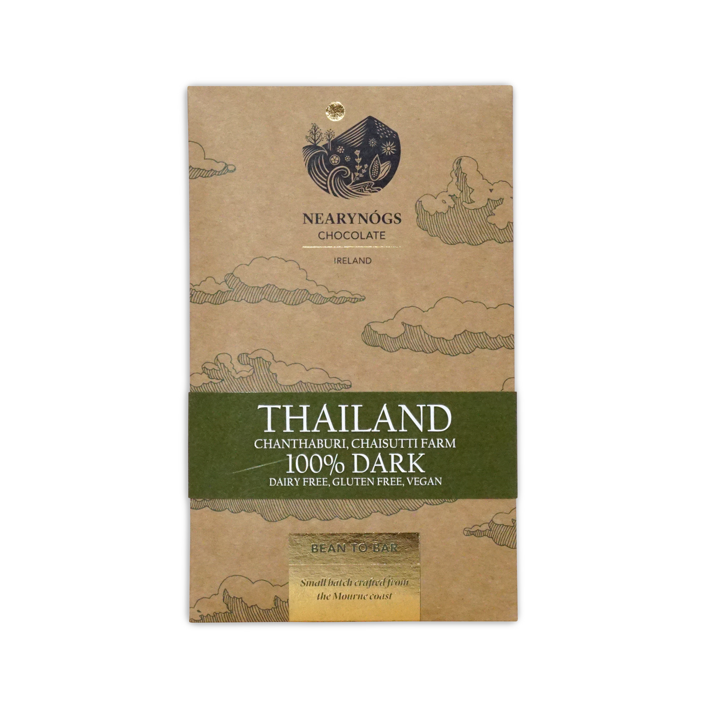 A brown kraft paper wrapper with a green band for NearyNogs dark Thailand 100 percent dark chocolate bar