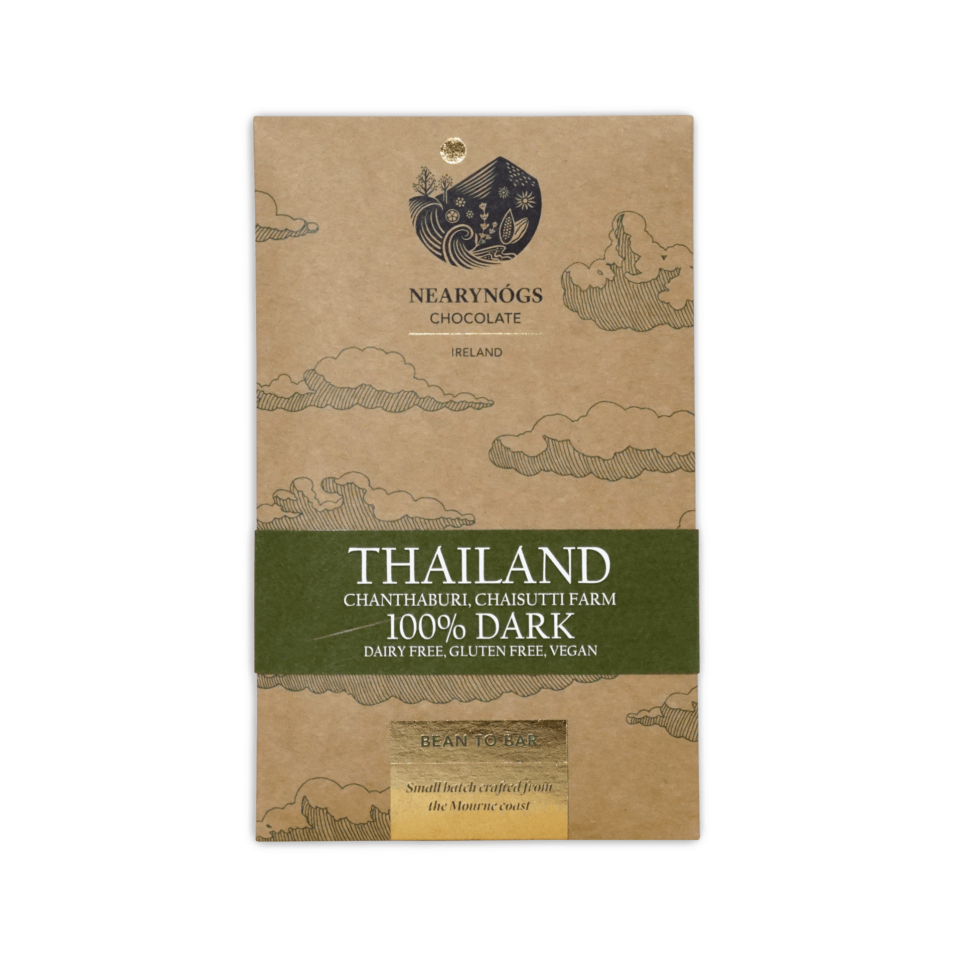 A brown kraft paper wrapper with a green band for NearyNogs dark Thailand 100 percent dark chocolate bar