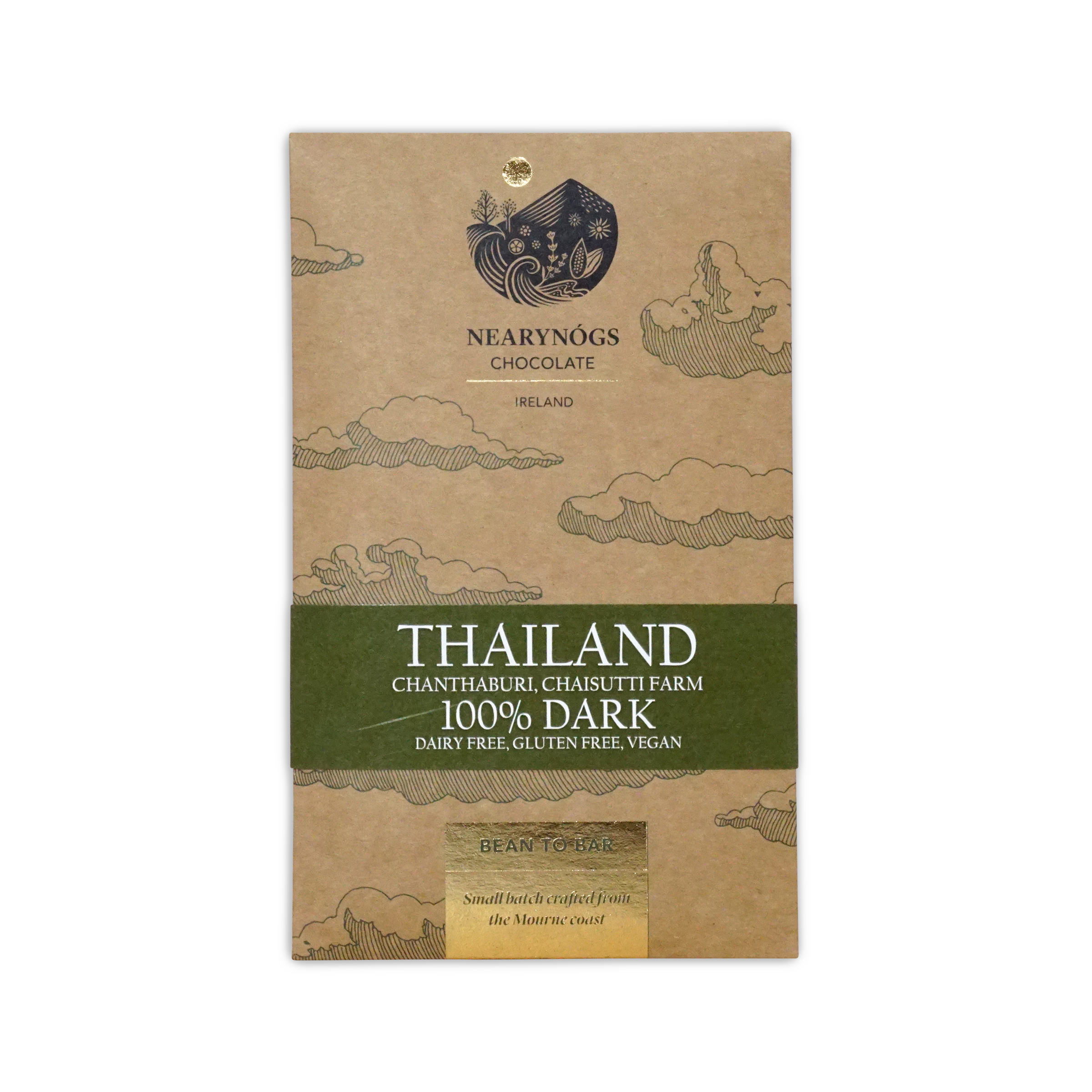 A brown kraft paper wrapper with a green band for NearyNogs dark Thailand 100 percent dark chocolate bar