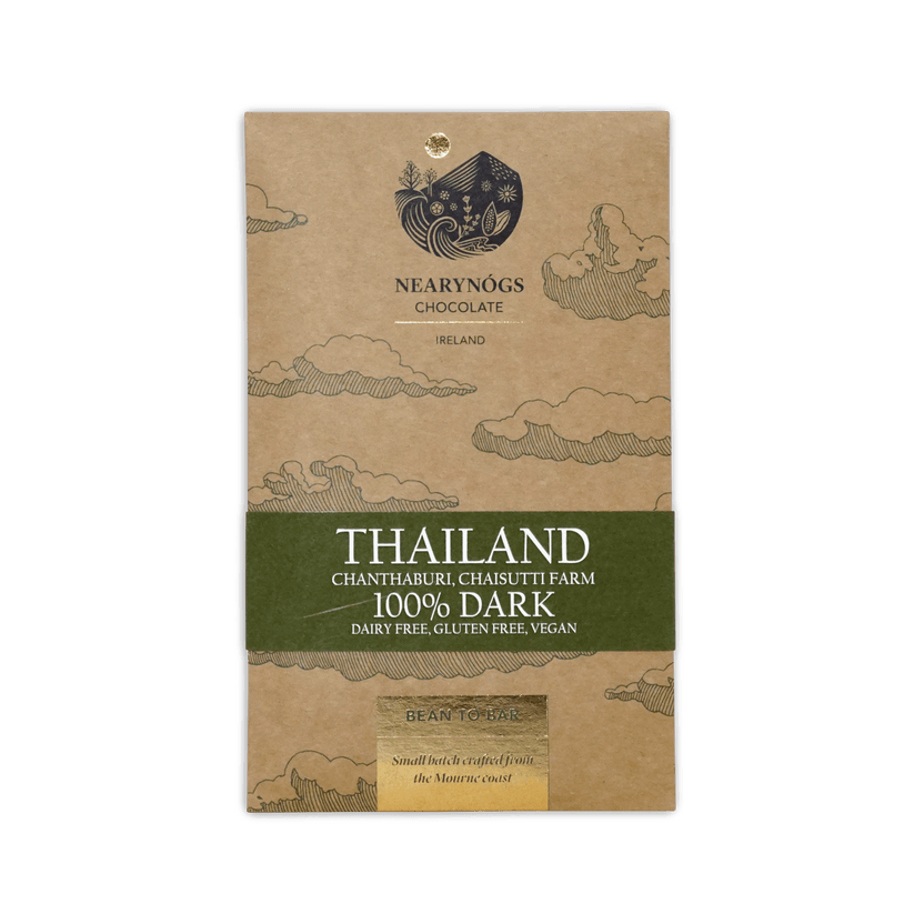 A brown kraft paper wrapper with a green band for NearyNogs dark Thailand 100 percent dark chocolate bar