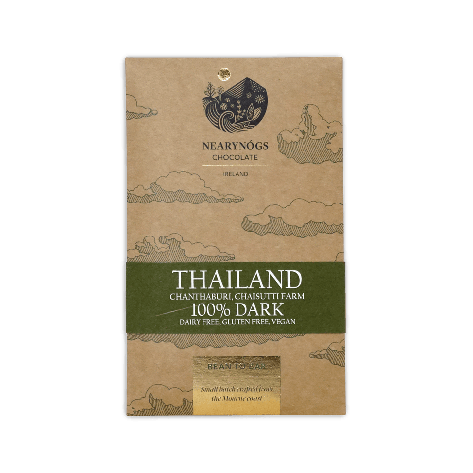 A brown kraft paper wrapper with a green band for NearyNogs dark Thailand 100 percent dark chocolate bar