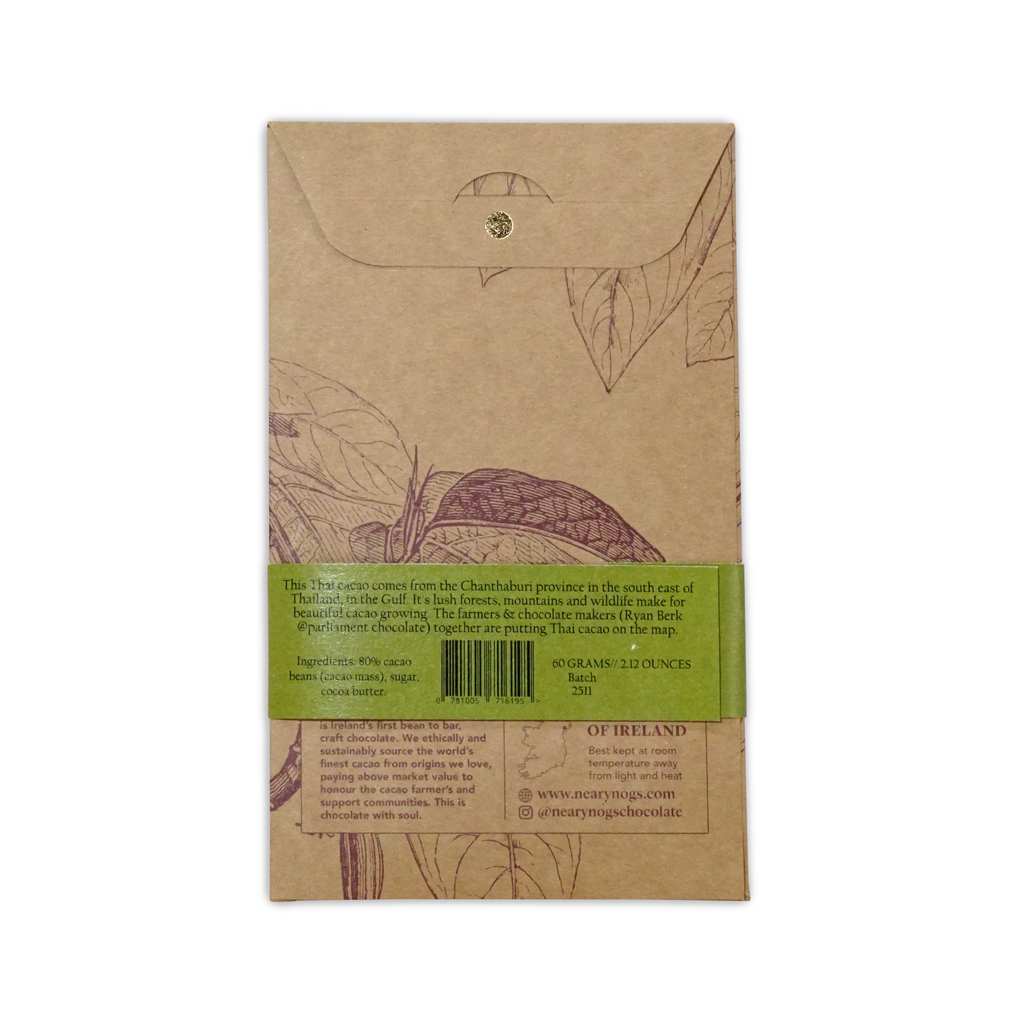 A brown kraft paper wrapper with green label and hand-drawn cacao pods for nearynogs dark thailand 80 chocolate bar