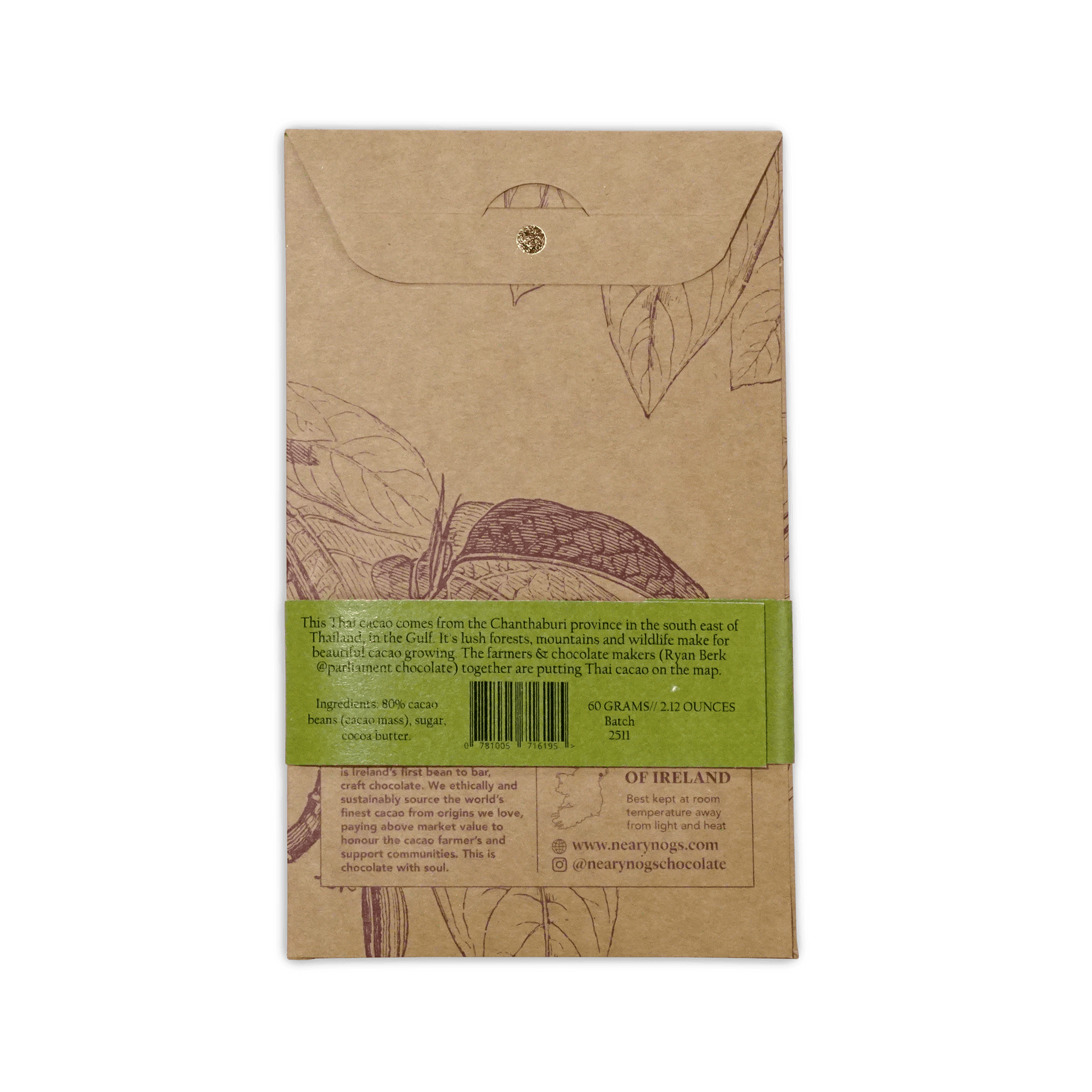 A brown kraft paper wrapper with green label and hand-drawn cacao pods for nearynogs dark thailand 80 chocolate bar