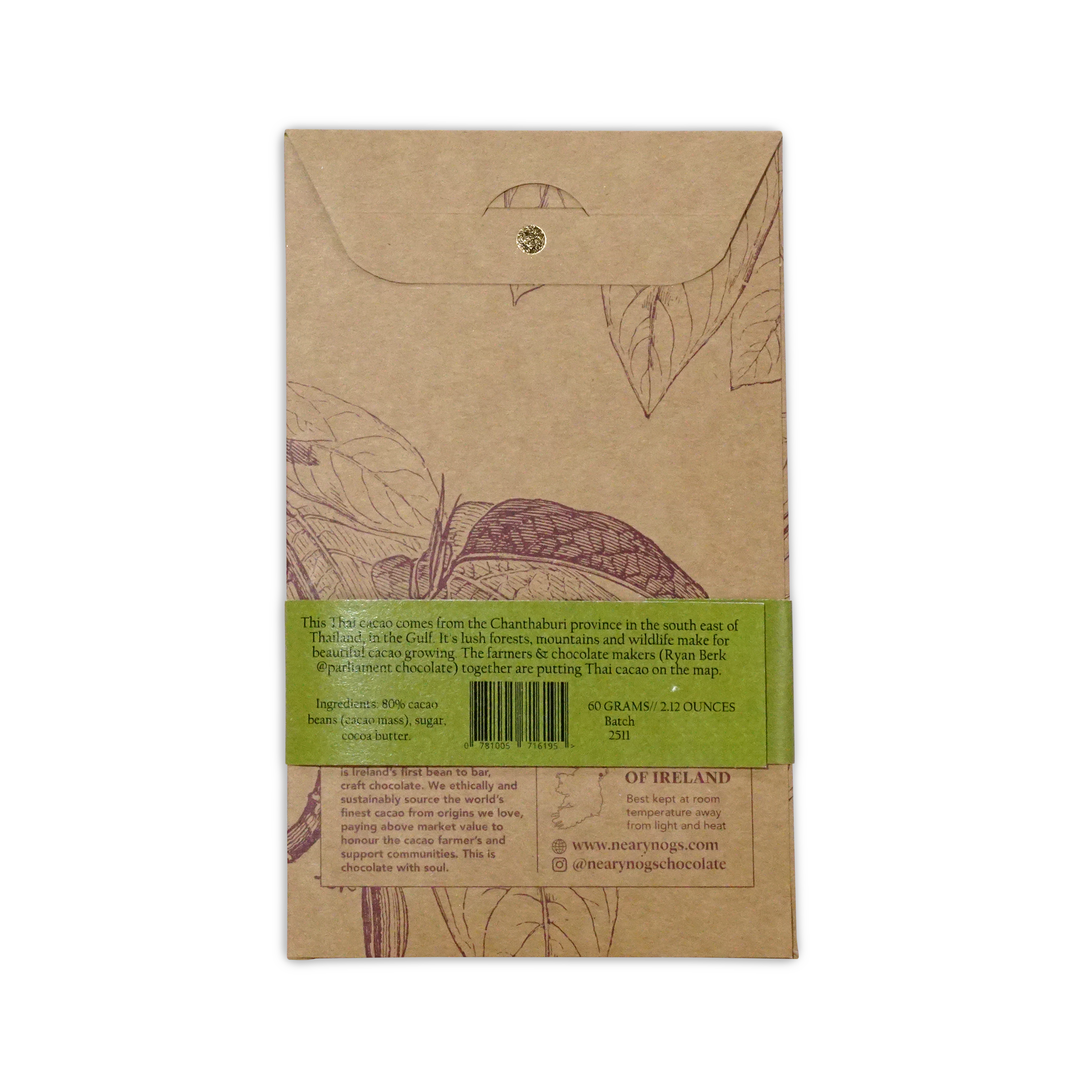 A brown kraft paper wrapper with green label and hand-drawn cacao pods for nearynogs dark thailand 80 chocolate bar