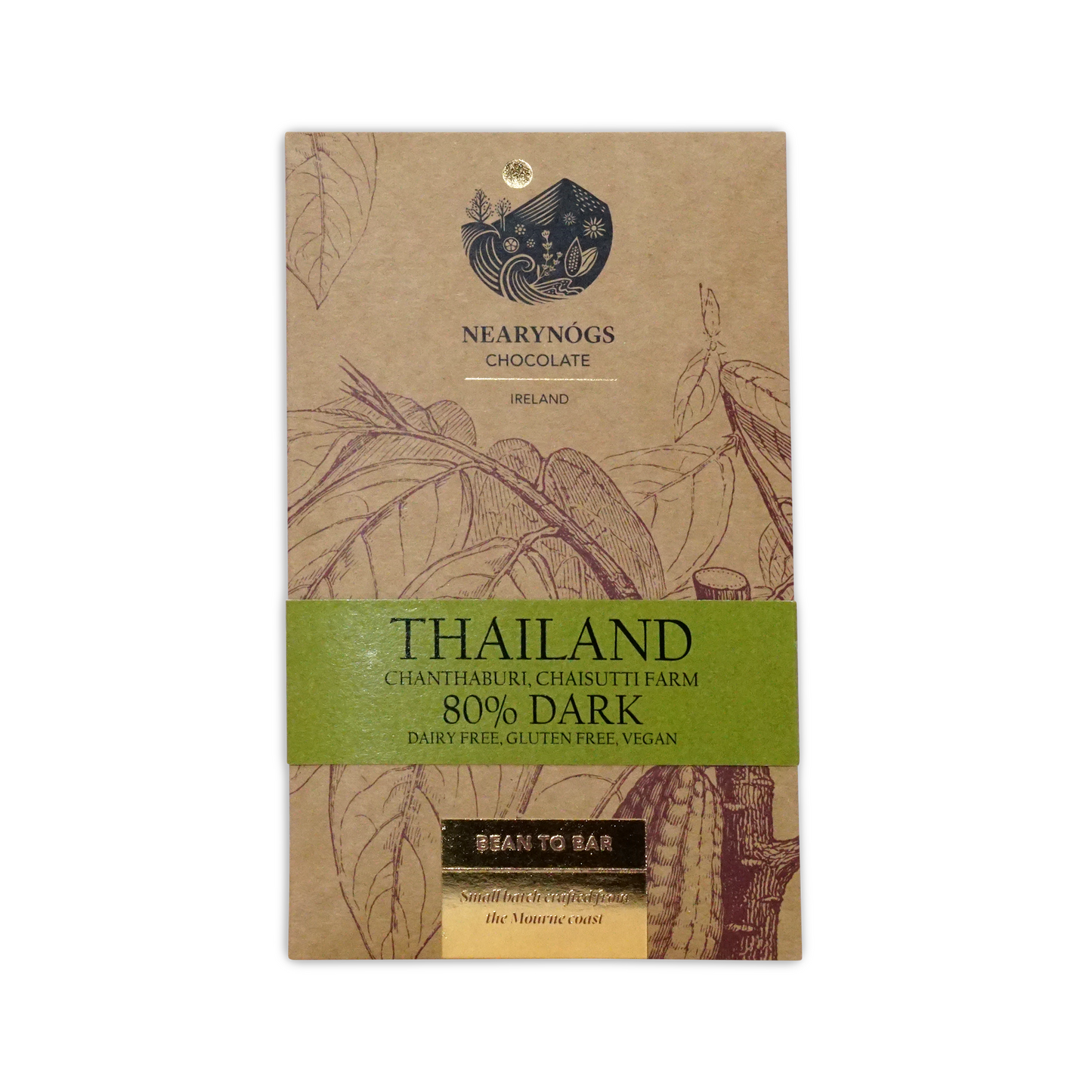 A brown kraft paper wrapper with botanical illustrations and a green band for nearynogs dark thailand 80 percent chocolate