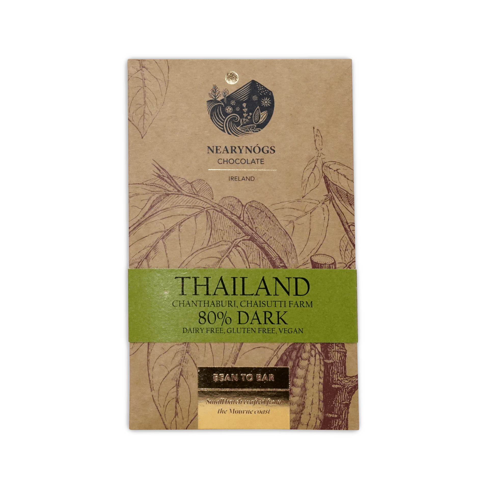 A brown kraft paper wrapper with botanical illustrations and a green band for nearynogs dark thailand 80 percent chocolate