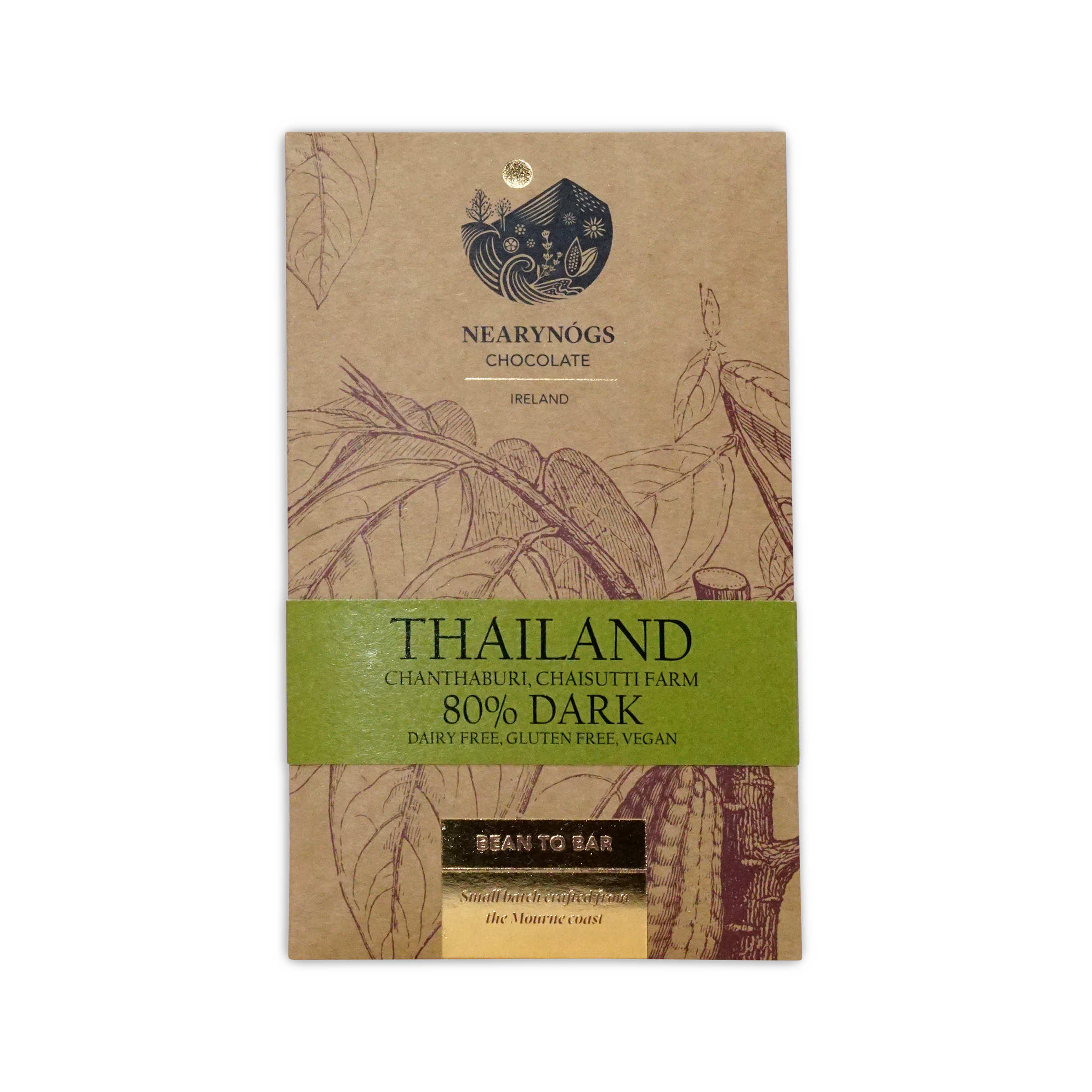 A brown kraft paper wrapper with botanical illustrations and a green band for nearynogs dark thailand 80 percent chocolate