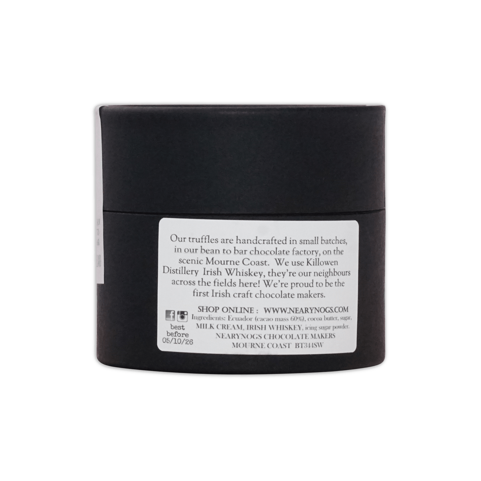 Black cylindrical container with matte finish labeled nearynogs irish chocolate dark truffles with irish whiskey