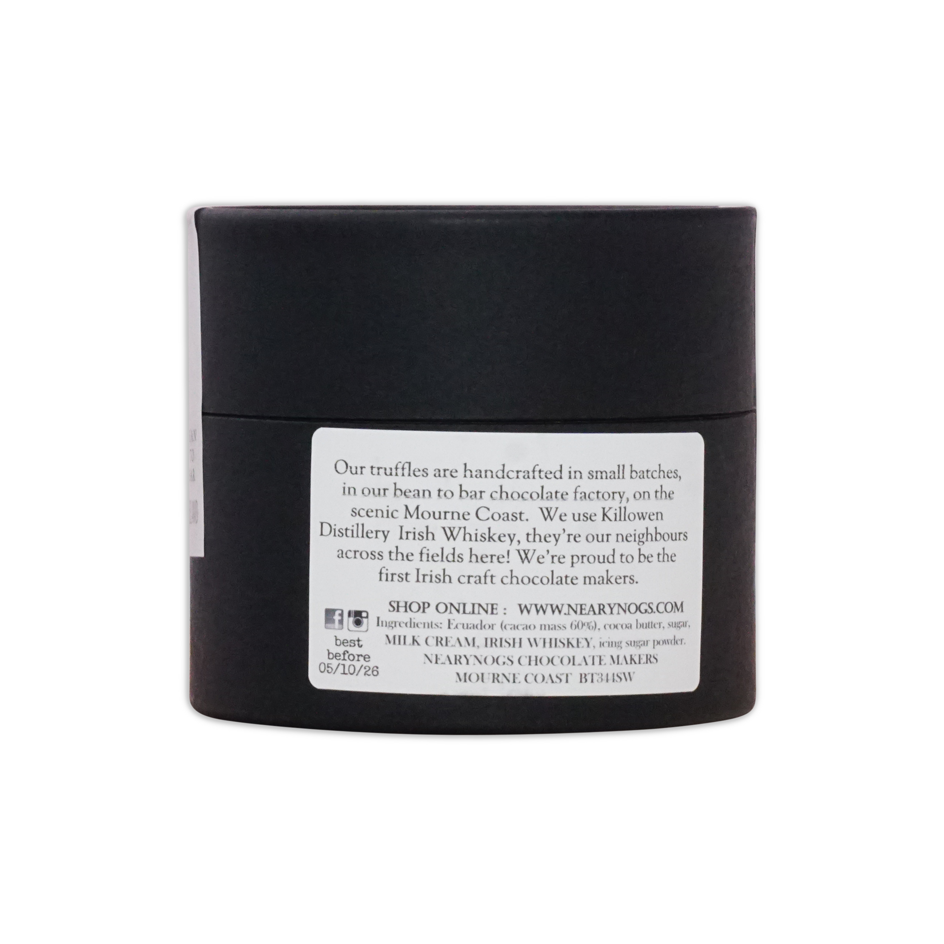 Black cylindrical container with matte finish labeled nearynogs irish chocolate dark truffles with irish whiskey
