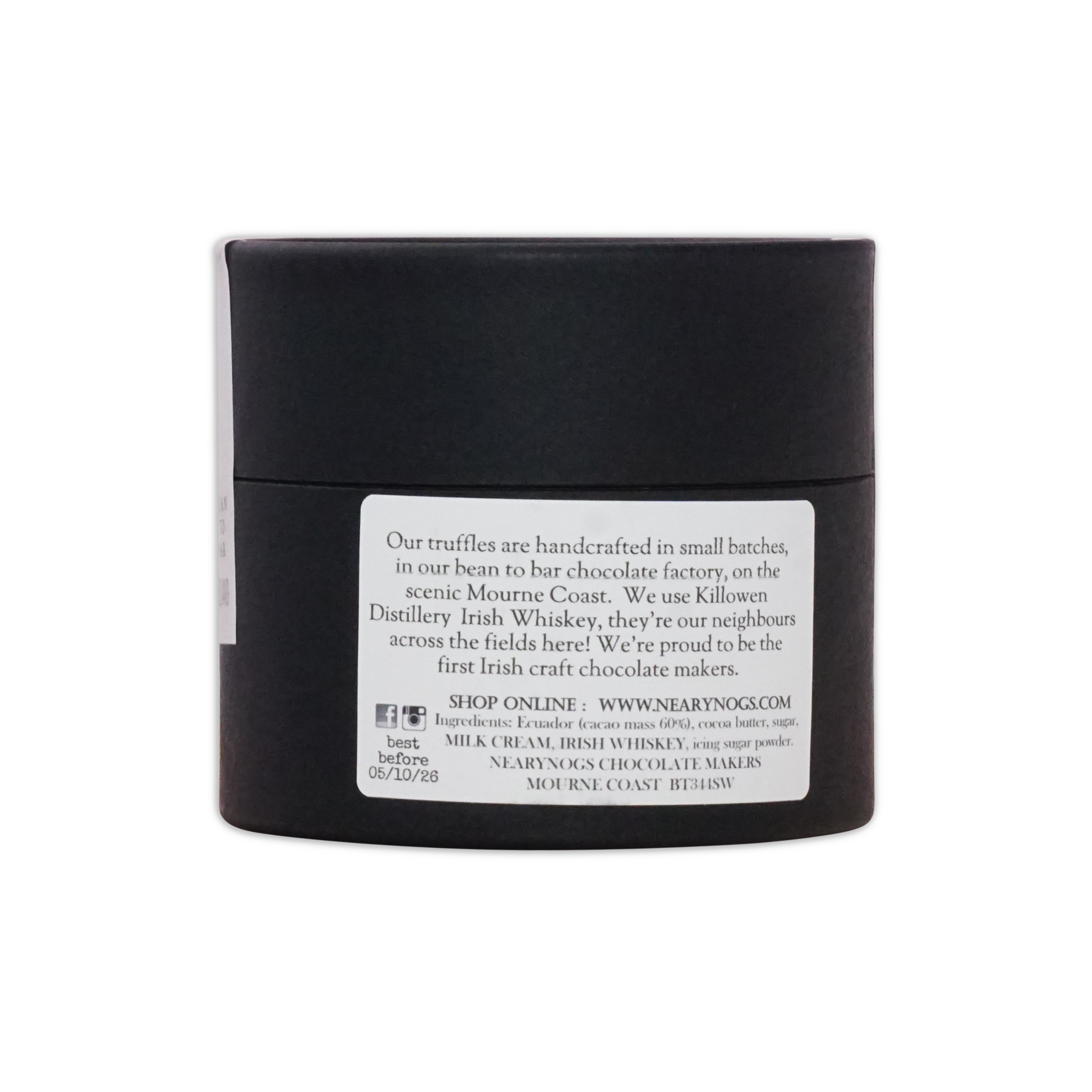 Black cylindrical container with matte finish labeled nearynogs irish chocolate dark truffles with irish whiskey