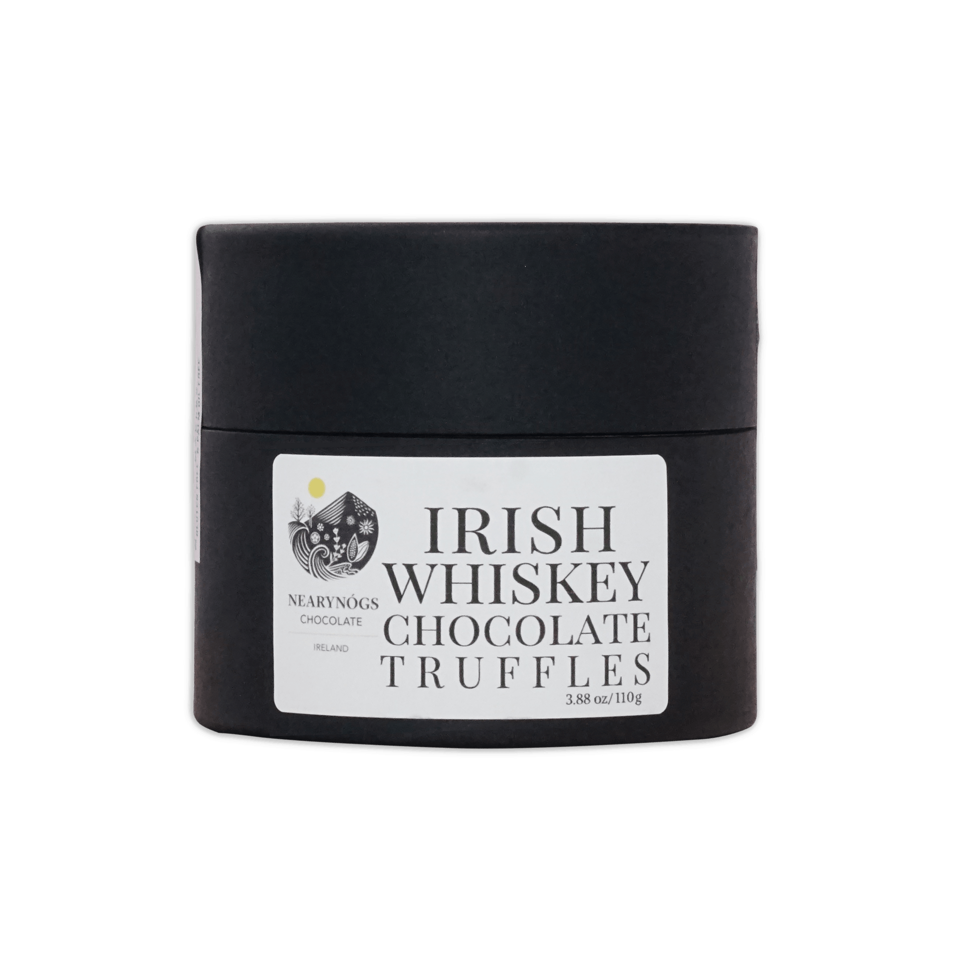 Black cylindrical container of nearynogs dark chocolate truffles with irish whiskey flavor for indulgent treats