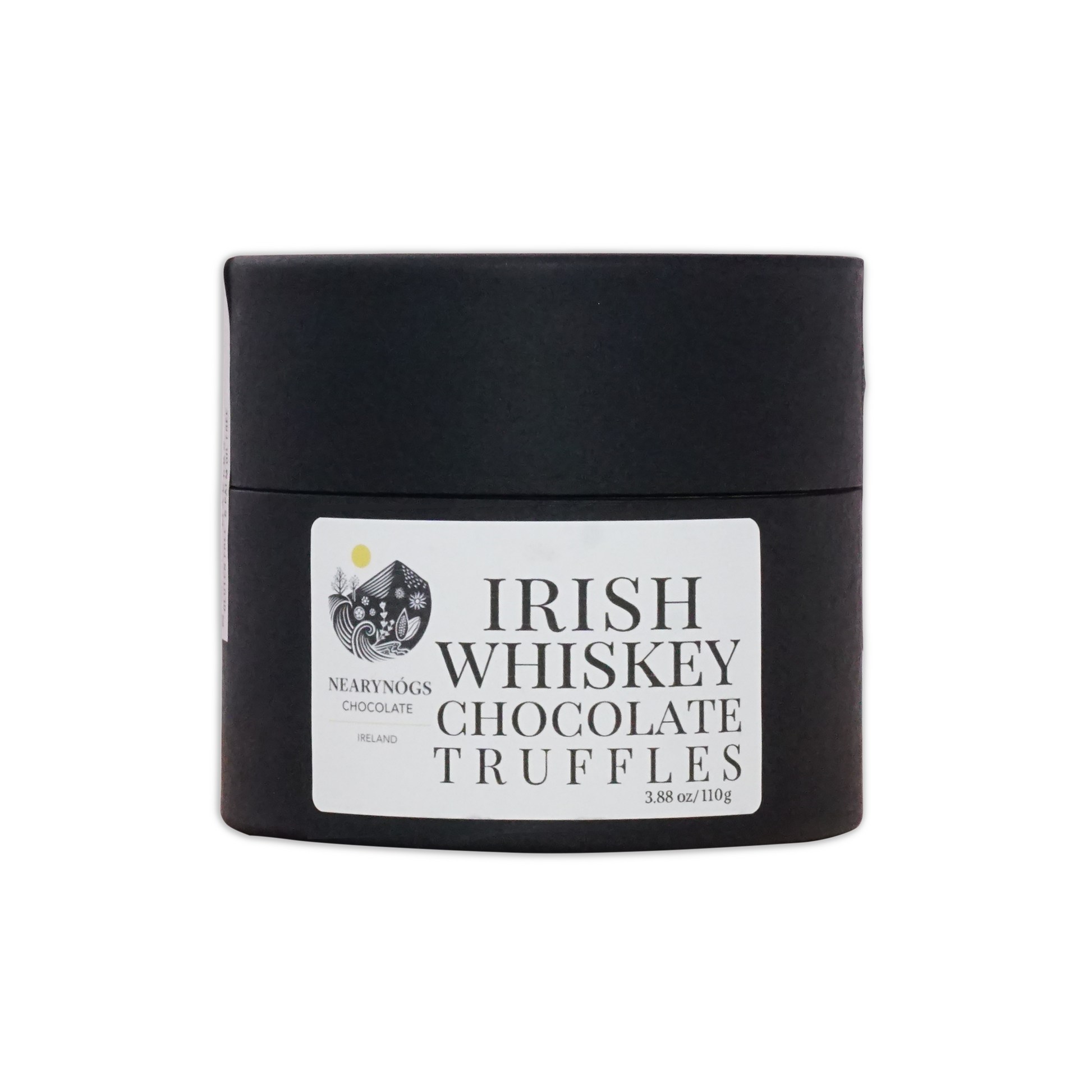 Black cylindrical container of nearynogs dark chocolate truffles with irish whiskey flavor for indulgent treats