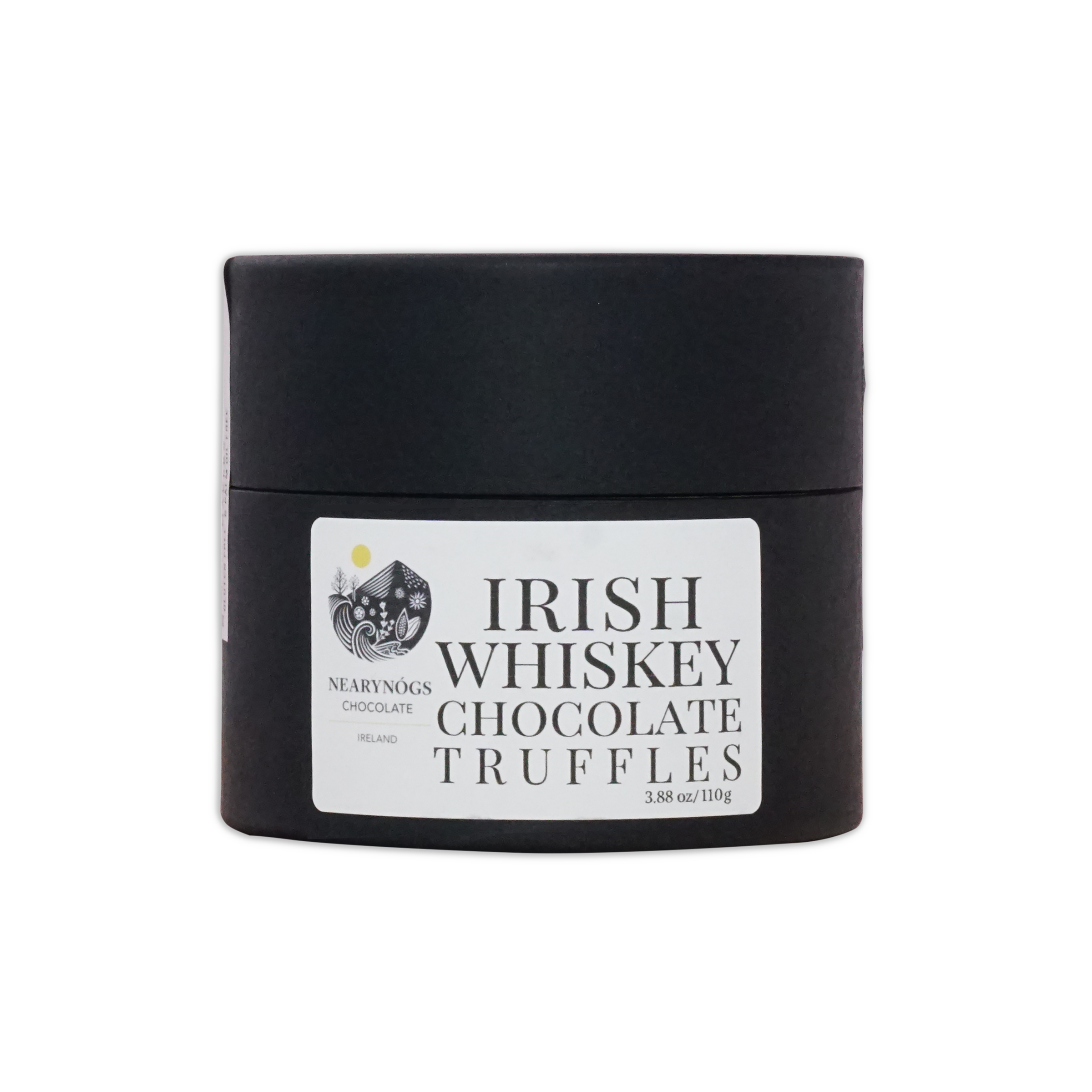 Black cylindrical container of nearynogs dark chocolate truffles with irish whiskey flavor for indulgent treats