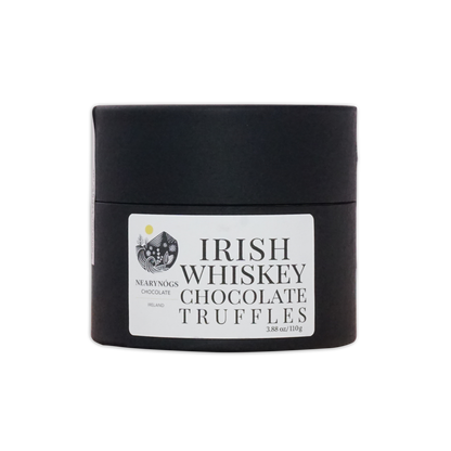 Black cylindrical container of nearynogs dark chocolate truffles with irish whiskey flavor for indulgent treats