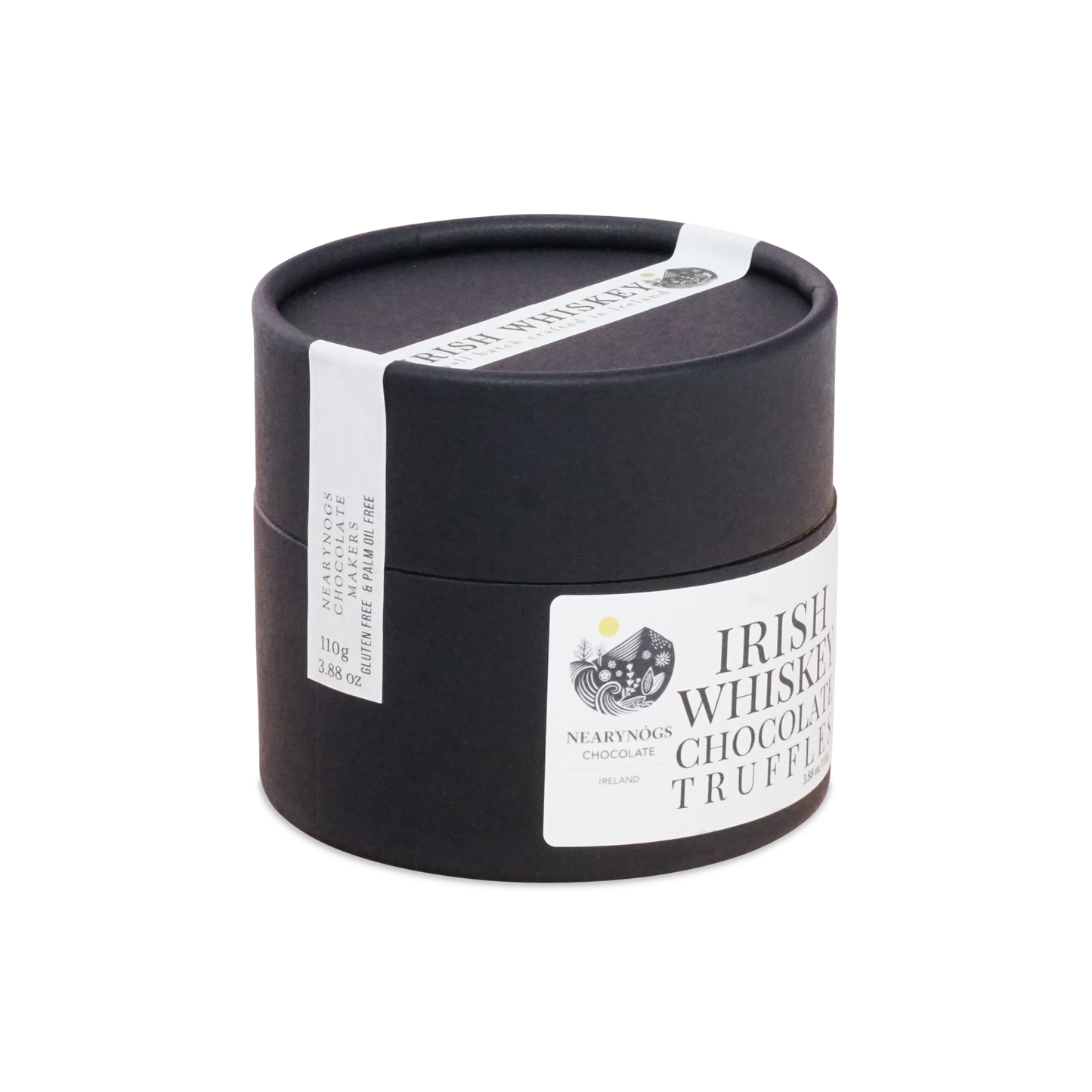 Black cylindrical container with white label and ribbon featuring nearynogs irish whiskey chocolate truffle dark truffles