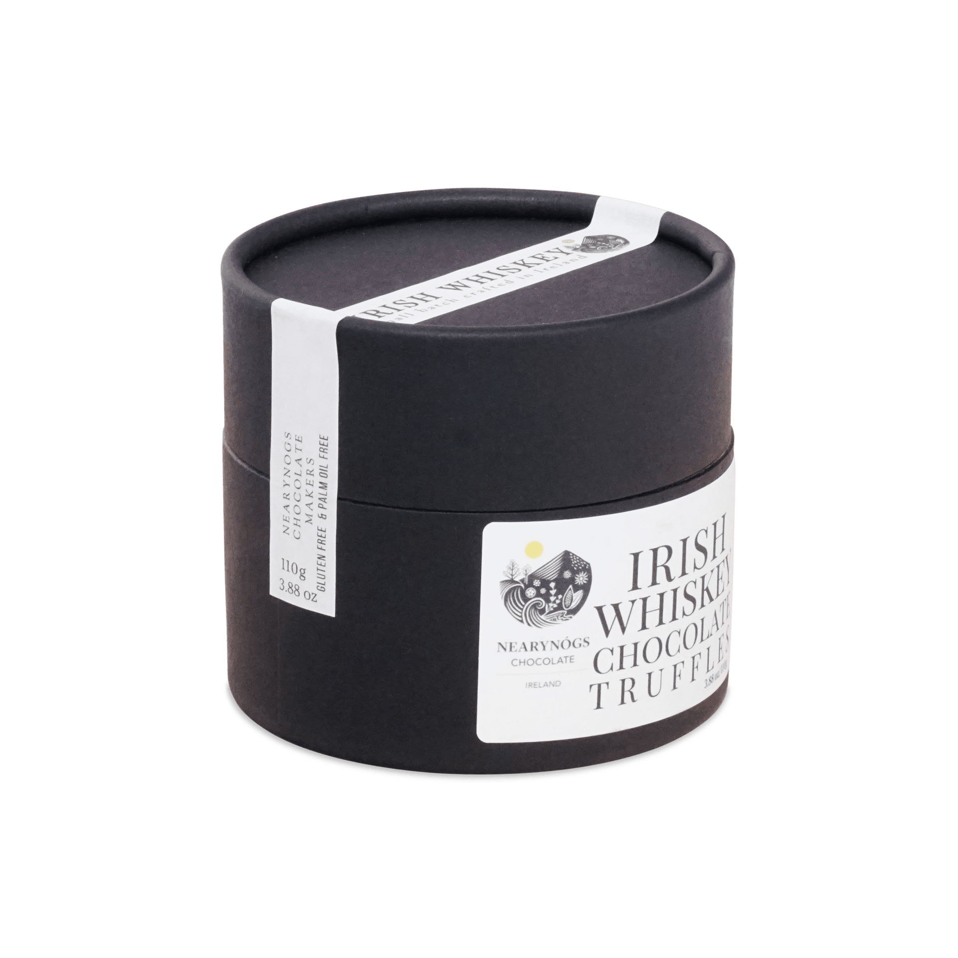 Black cylindrical container with white label and ribbon featuring nearynogs irish whiskey chocolate truffle dark truffles