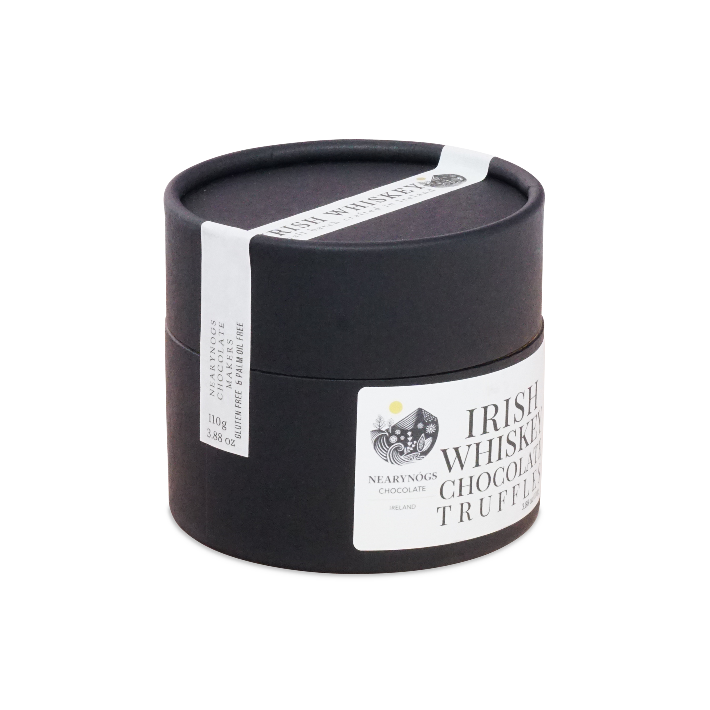 Black cylindrical container with white label and ribbon featuring nearynogs irish whiskey chocolate truffle dark truffles