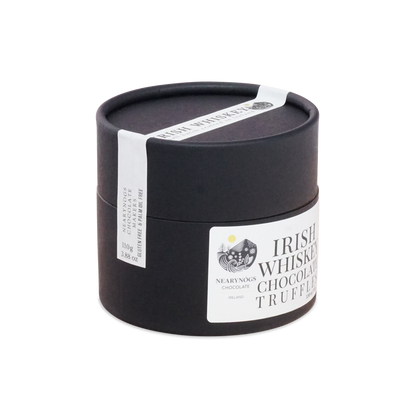 Black cylindrical container with white label and ribbon featuring nearynogs irish whiskey chocolate truffle dark truffles