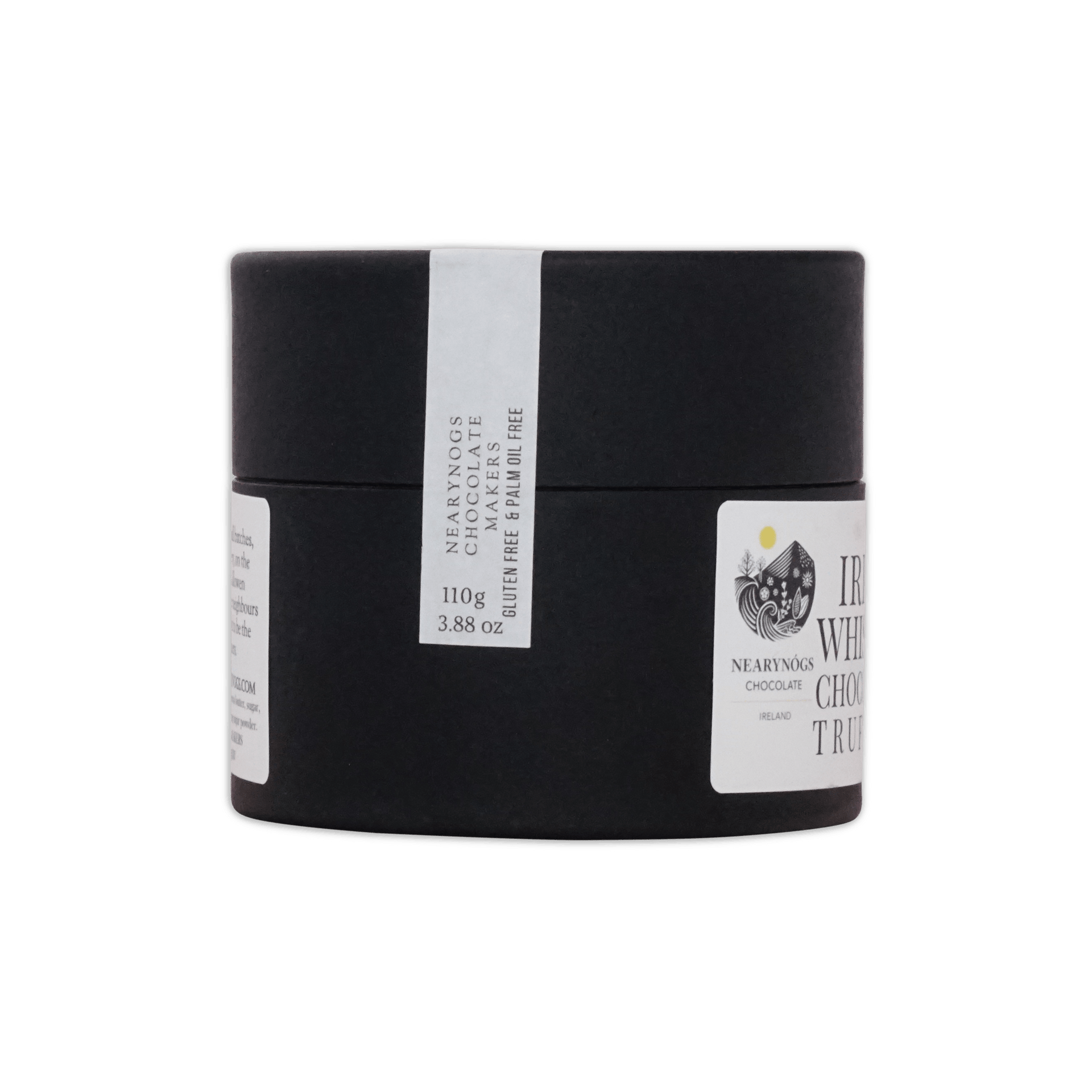 Black cylindrical container of nearynogs dark truffles with irish whiskey featuring white labels with black text and logo