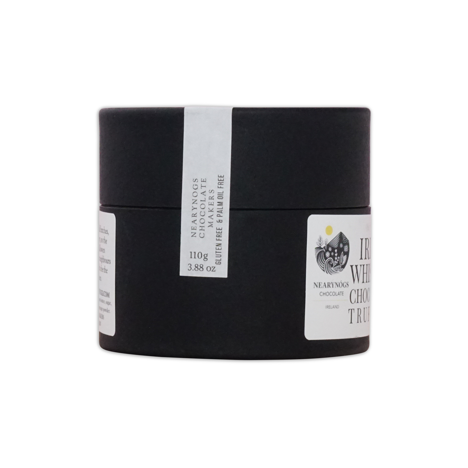 Black cylindrical container of nearynogs dark truffles with irish whiskey featuring white labels with black text and logo
