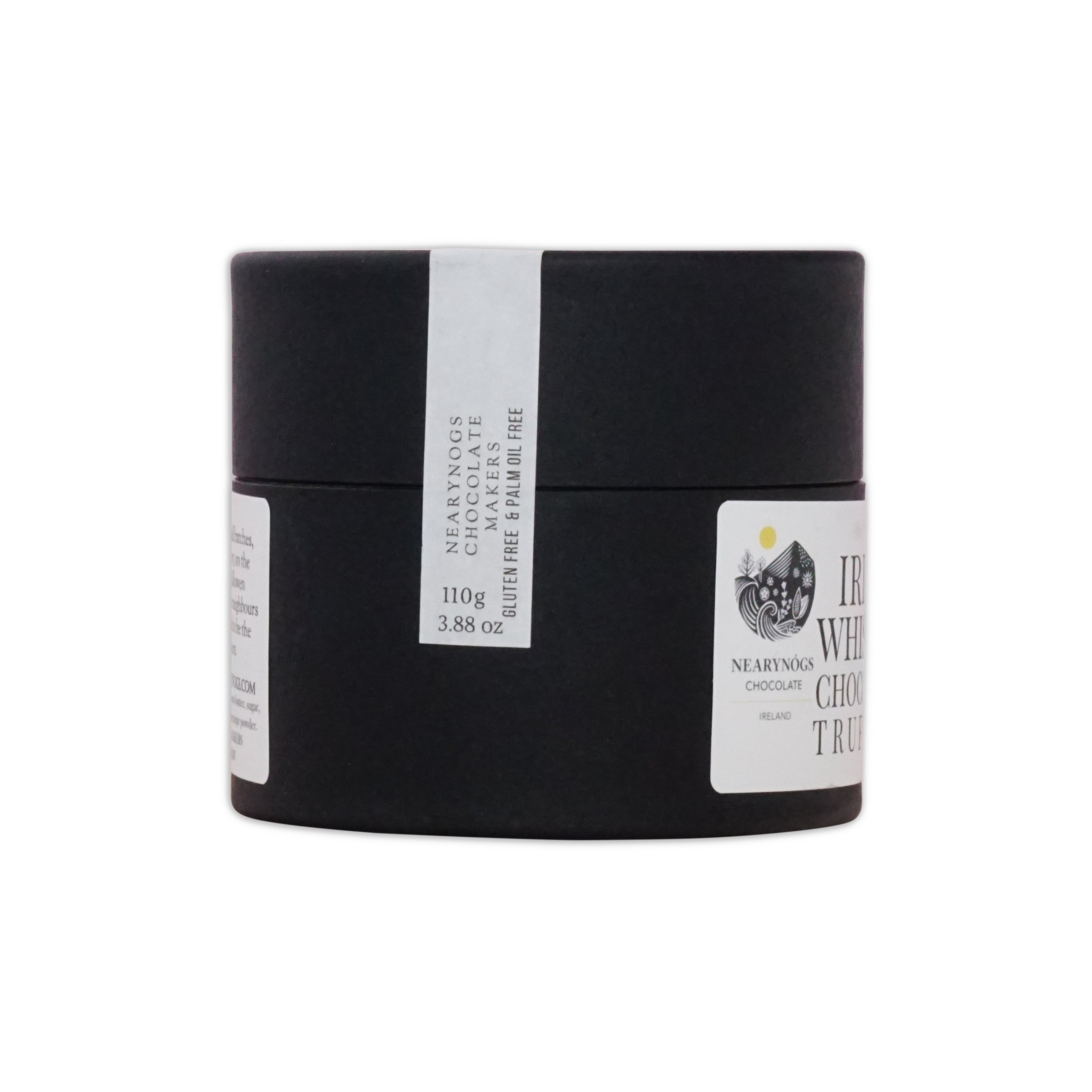 Black cylindrical container of nearynogs dark truffles with irish whiskey featuring white labels with black text and logo