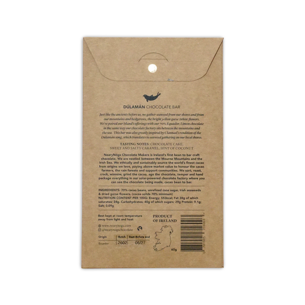 Brown kraft paper wrapper for nearynugs dulaman dark chocolate bar with irish seaweed and gorseflower 70 percent