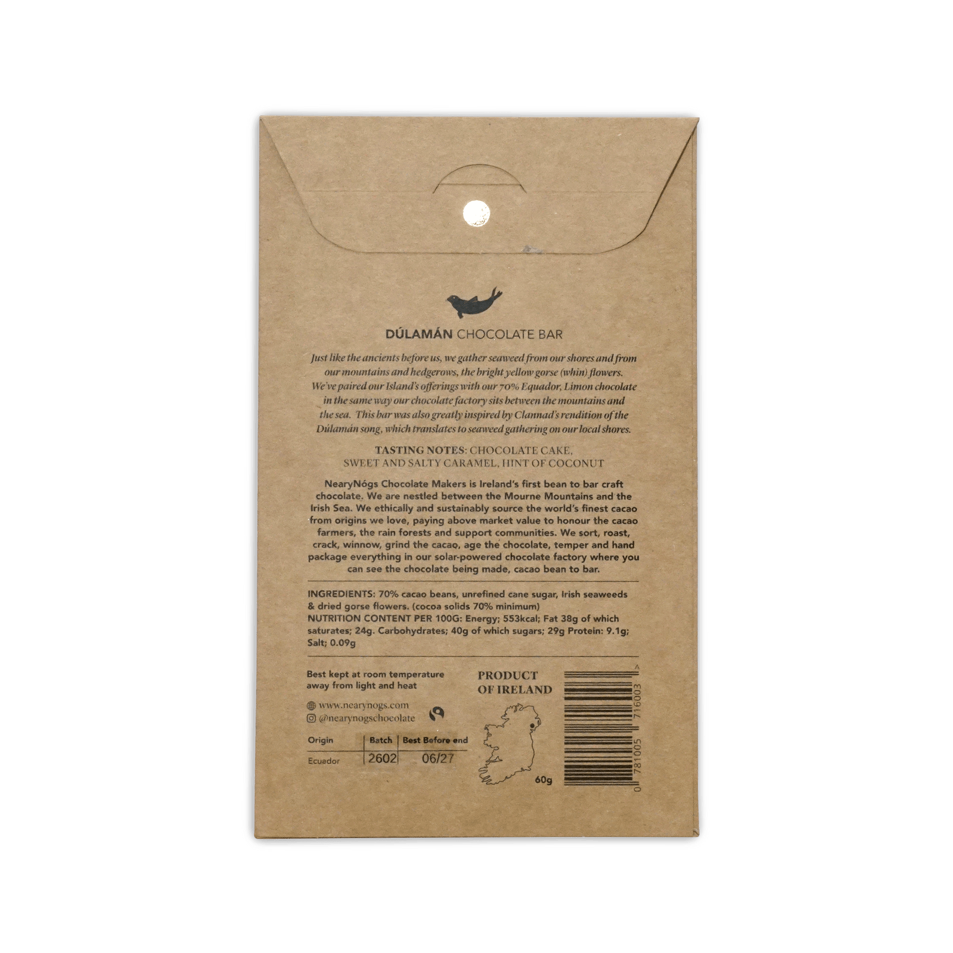 Brown kraft paper wrapper for nearynugs dulaman dark chocolate bar with irish seaweed and gorseflower 70 percent