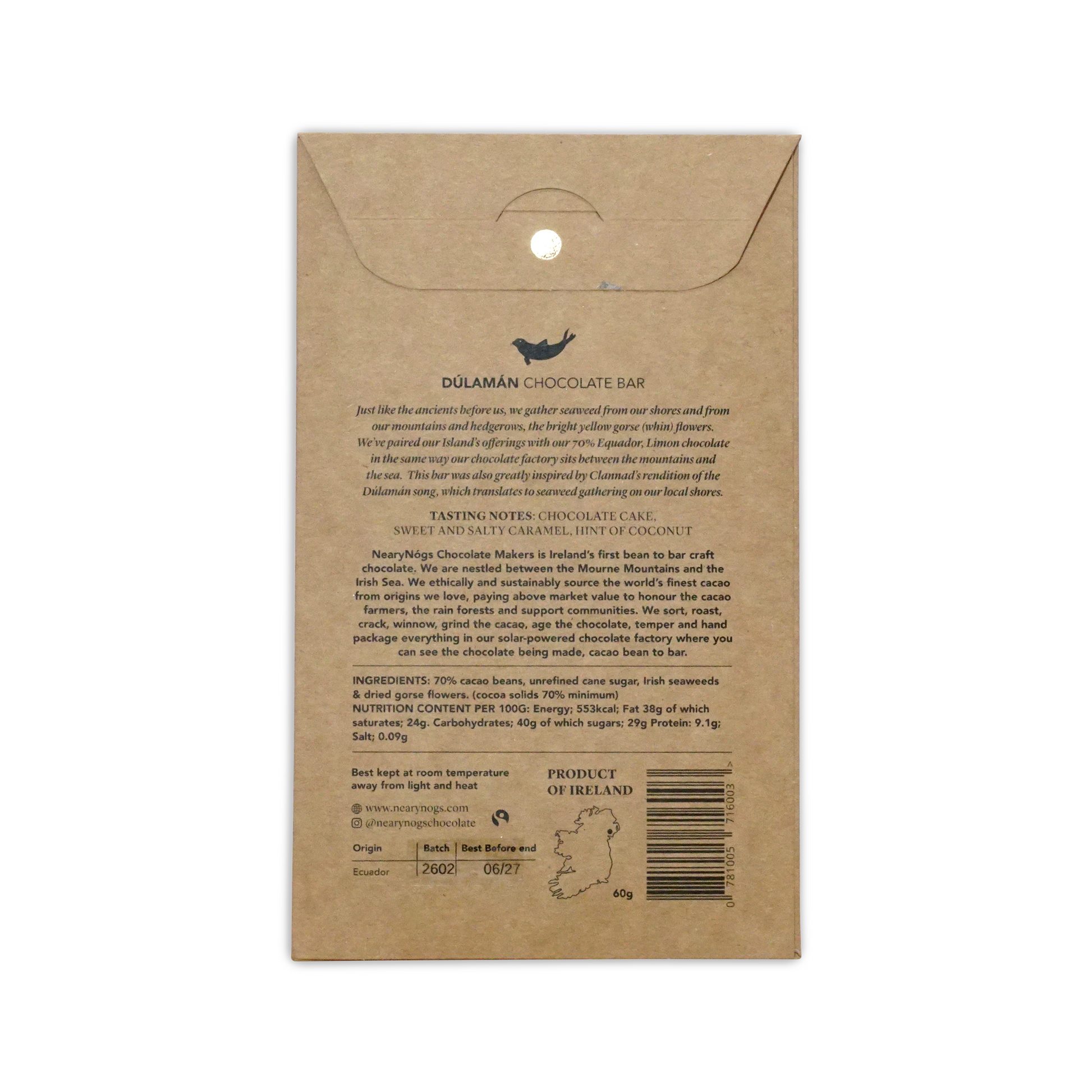 Brown kraft paper wrapper for nearynugs dulaman dark chocolate bar with irish seaweed and gorseflower 70 percent