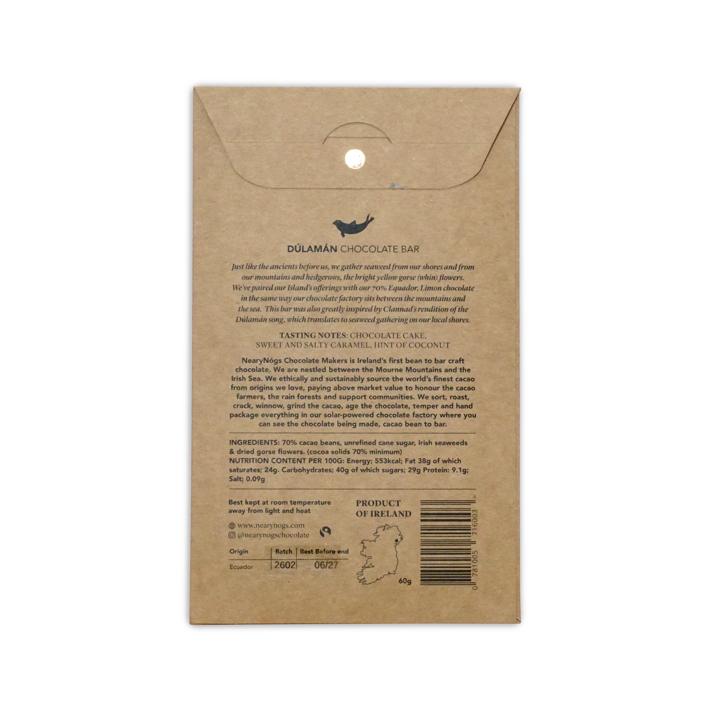 Brown kraft paper wrapper for nearynugs dulaman dark chocolate bar with irish seaweed and gorseflower 70 percent