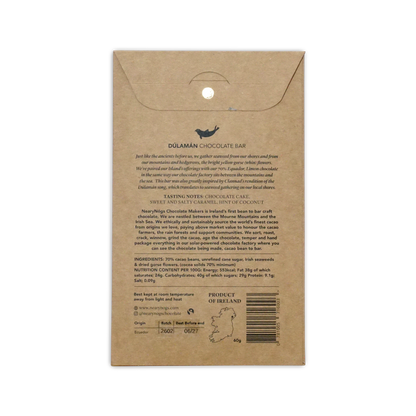 Brown kraft paper wrapper for nearynugs dulaman dark chocolate bar with irish seaweed and gorseflower 70 percent