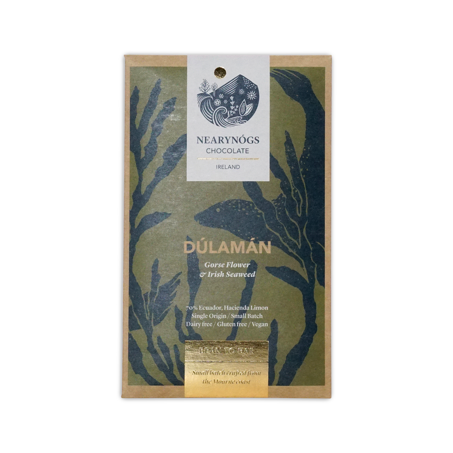 A rectangular package of nearynogs dulaman dark chocolate with irish seaweed gorseflower featuring green navy blue seaweed design and gold foil accents