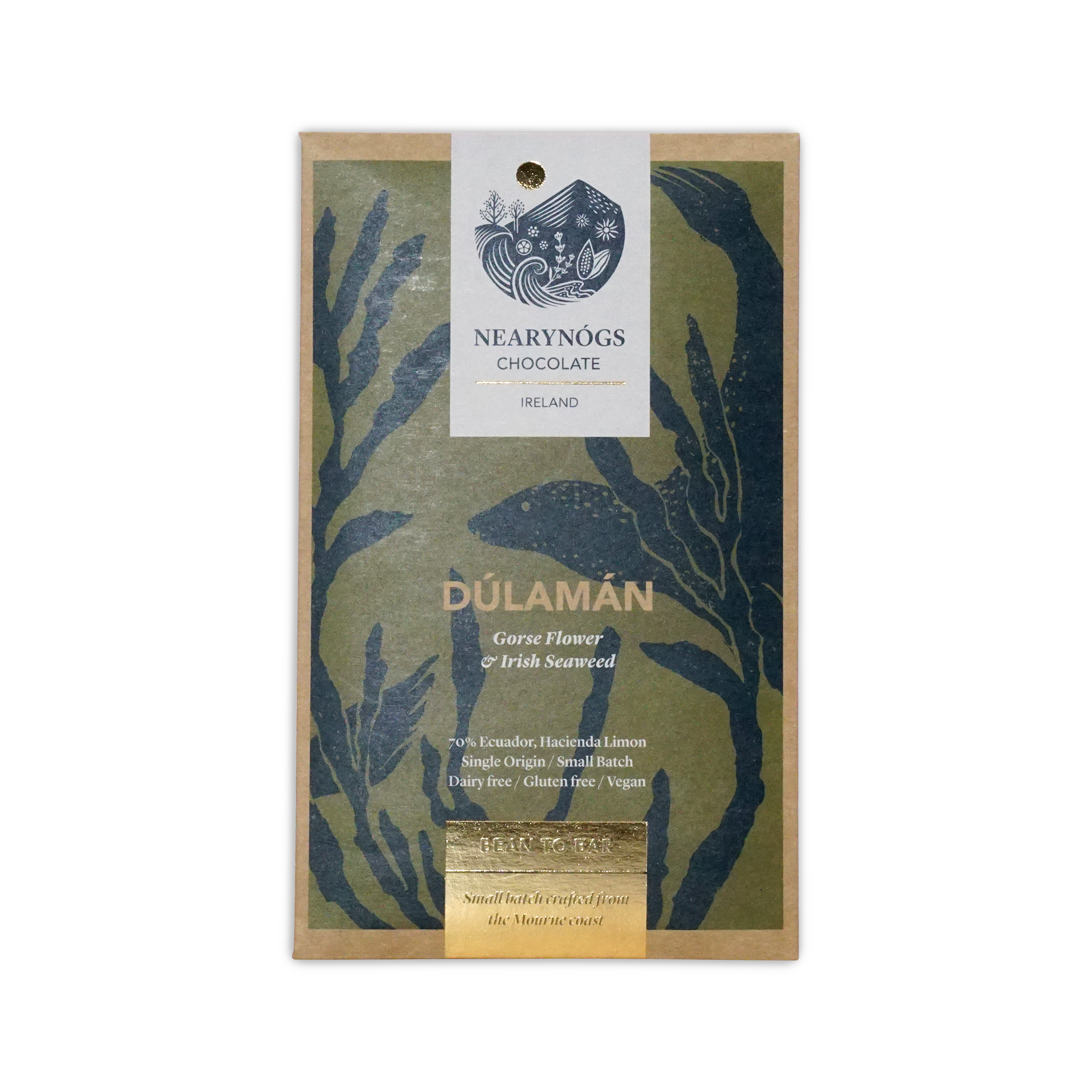 A rectangular package of nearynogs dulaman dark chocolate with irish seaweed gorseflower featuring green navy blue seaweed design and gold foil accents