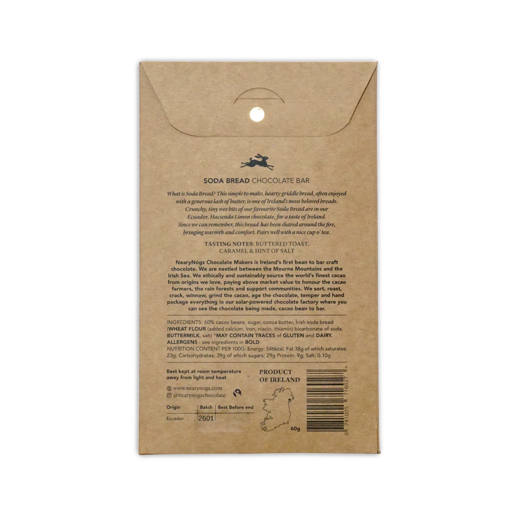 Brown kraft paper wrapper for nearynogs irish soda bread 60 percent chocolate bar with ireland map logo