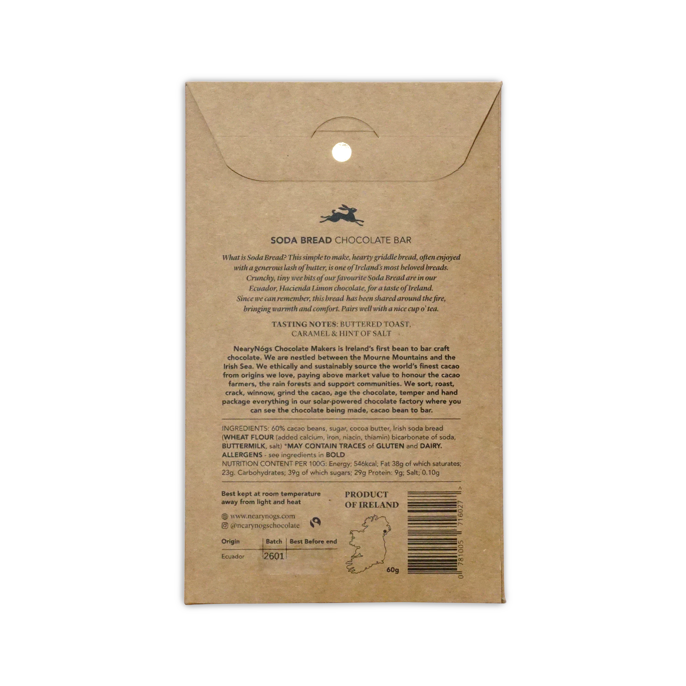 Brown kraft paper wrapper for nearynogs irish soda bread 60 percent chocolate bar with ireland map logo